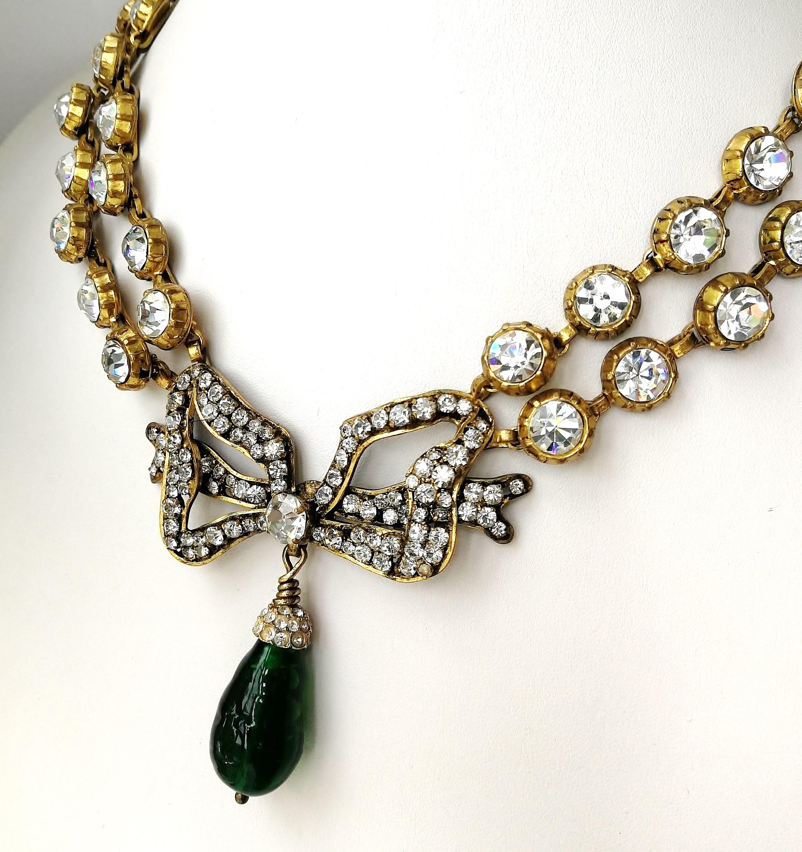 Women's Large clear paste and emerald poured glass  'bow' necklace, Chanel, 1980s