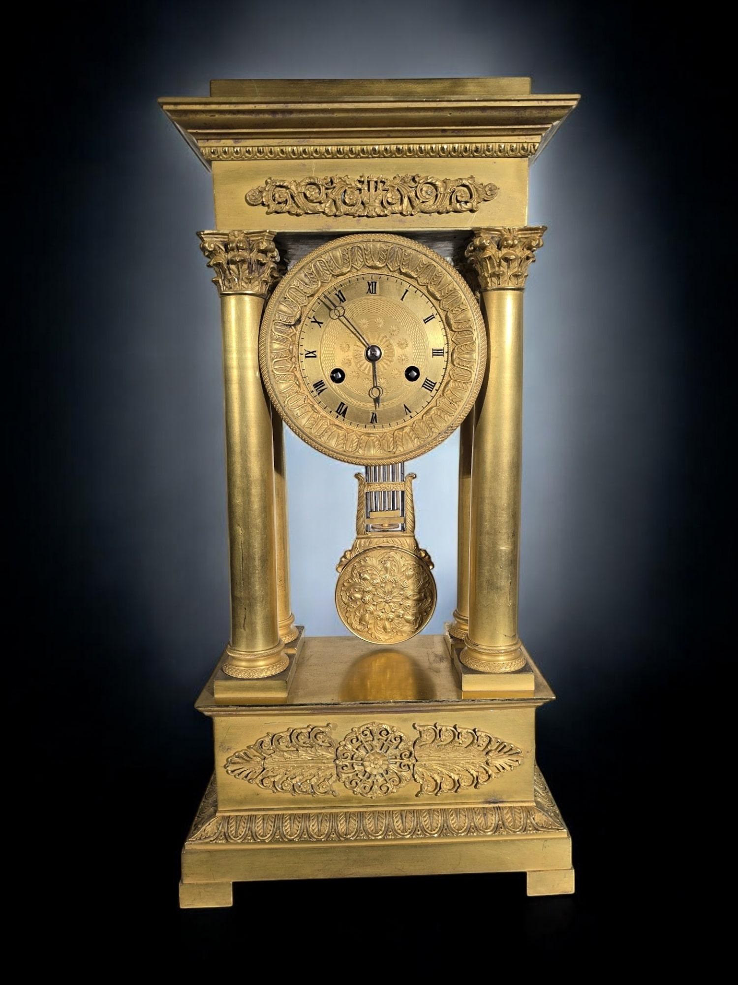 Brass Large Clock Portico Empire And Gilded Bronze Mercury Gilt For Sale