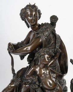 Large Clock Representing Diana the Huntress with a Putto, 19th Century.