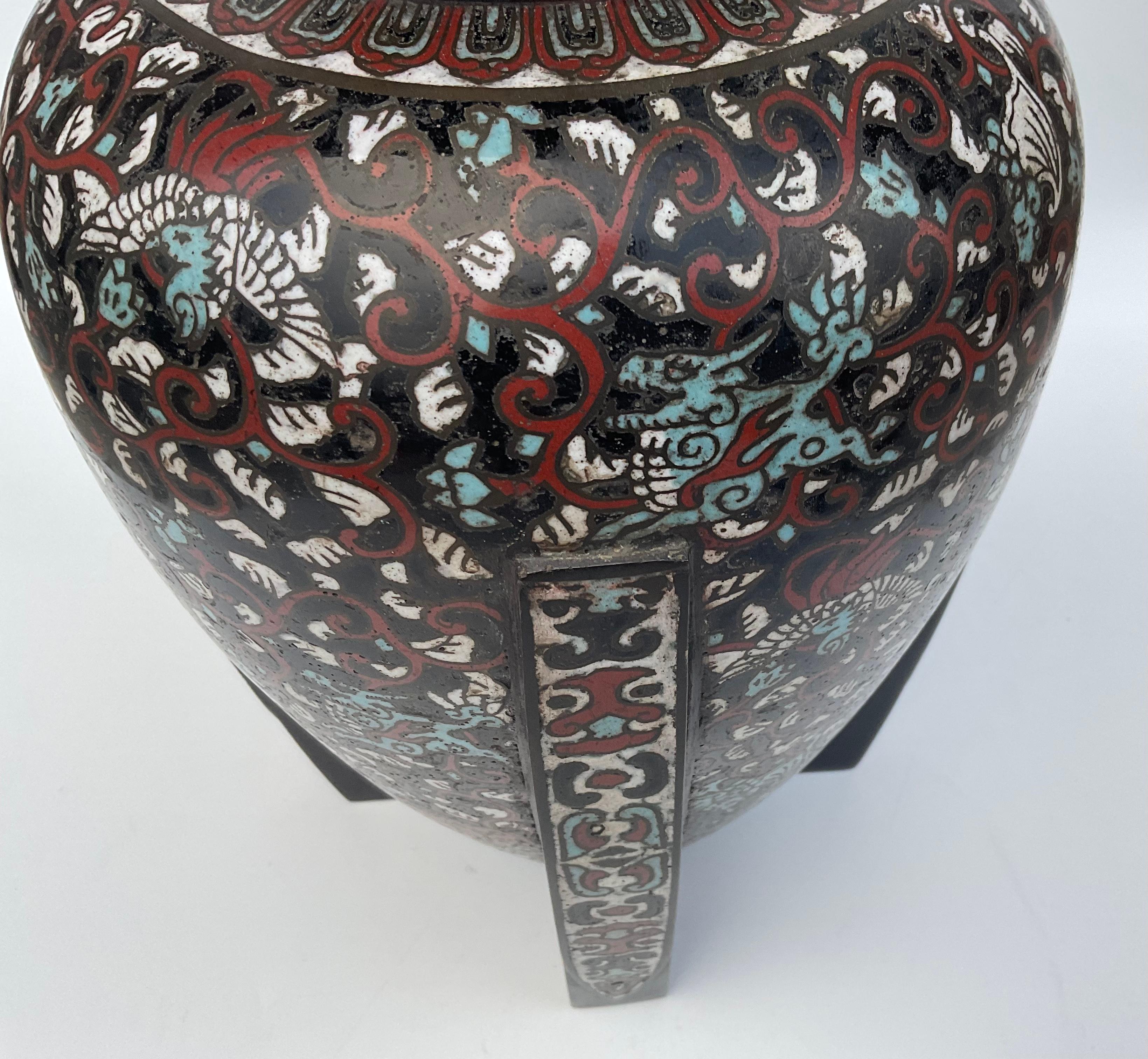 Asian Large Cloisonné Artist Signed Vase with Amazing Decoration, circa 19th Century For Sale