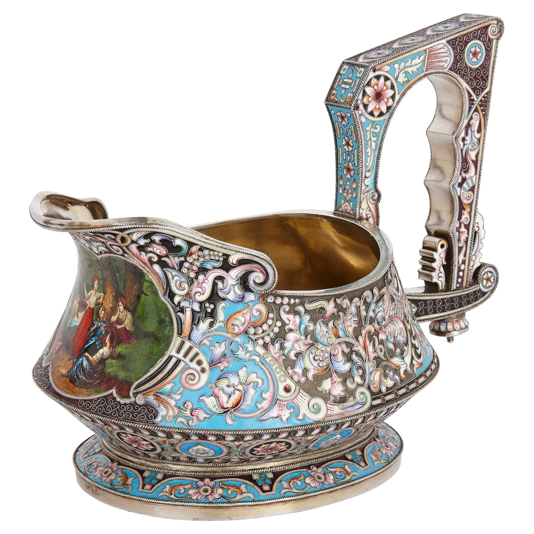 Large Cloisonné Enamel and Silver Kovsh