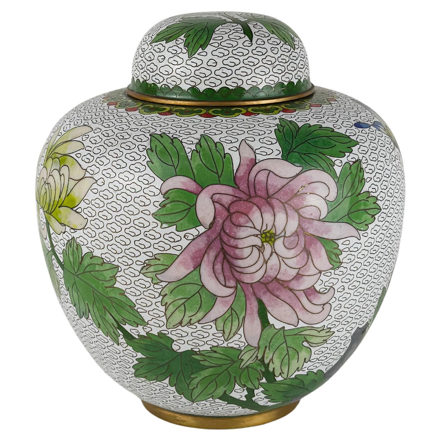 Large Cloisonne Ginger Jar, White with Chrysanthemums C.1960s China