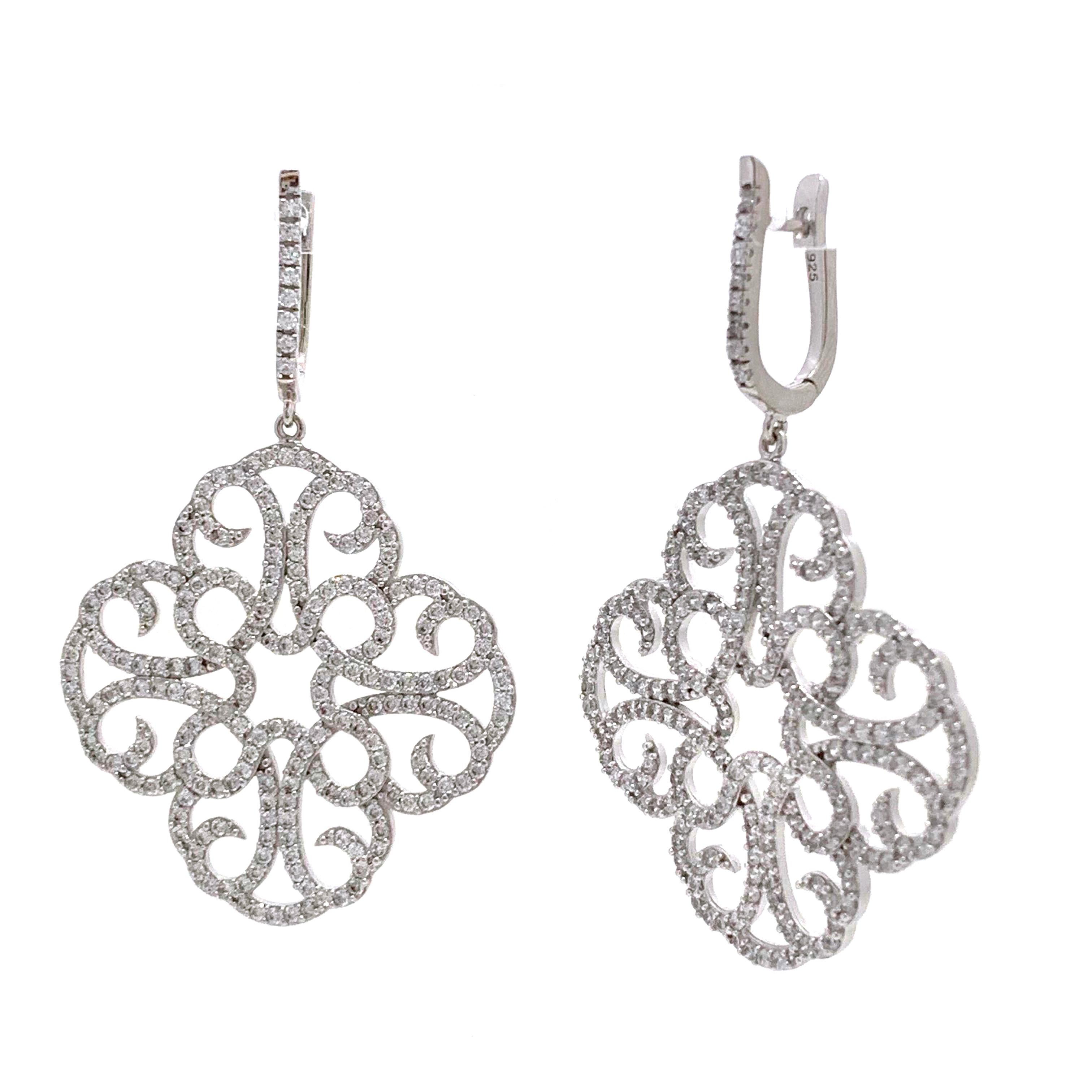 Contemporary Large Clover Faux Diamond Drop Sterling Silver Earrings