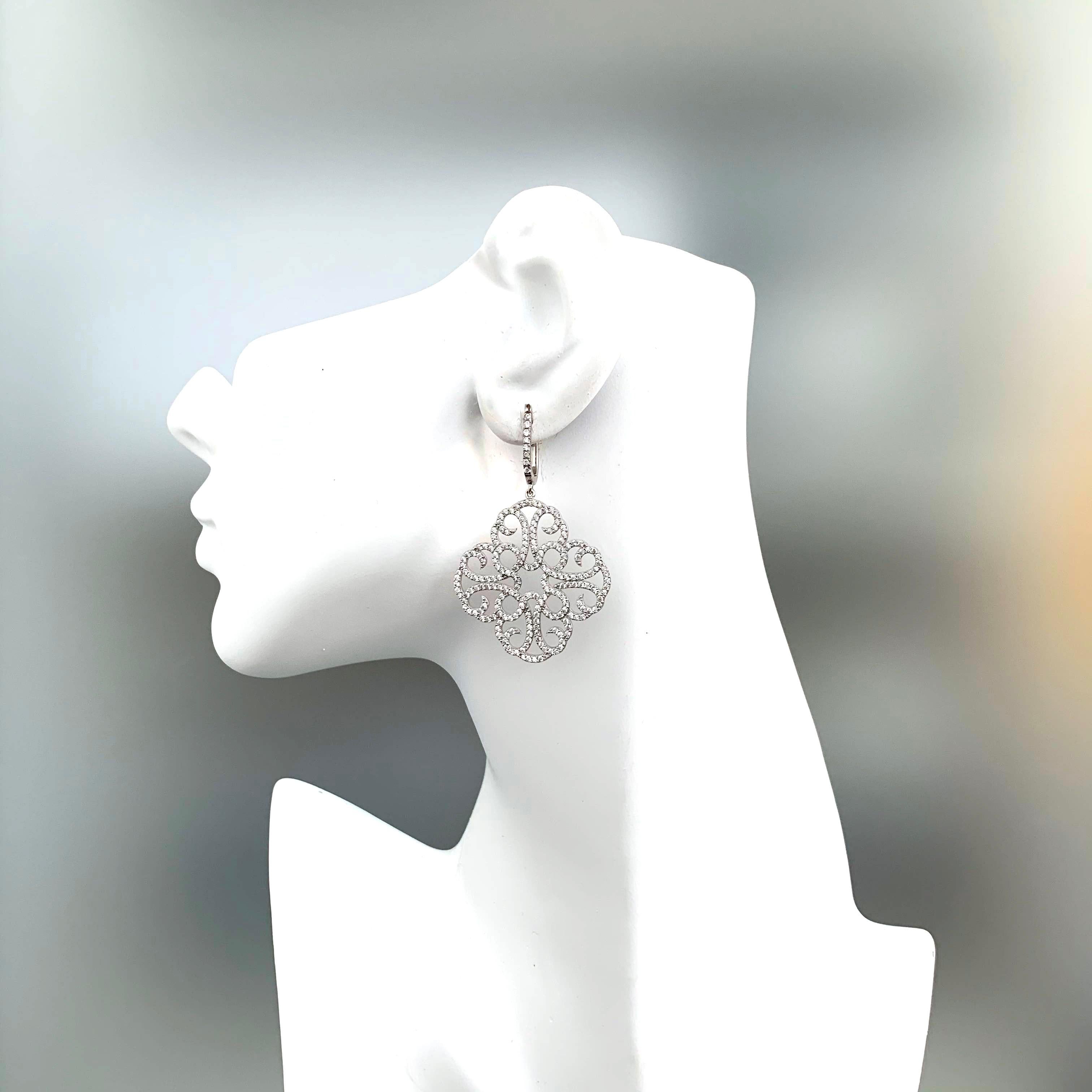 Women's Large Clover Faux Diamond Drop Sterling Silver Earrings