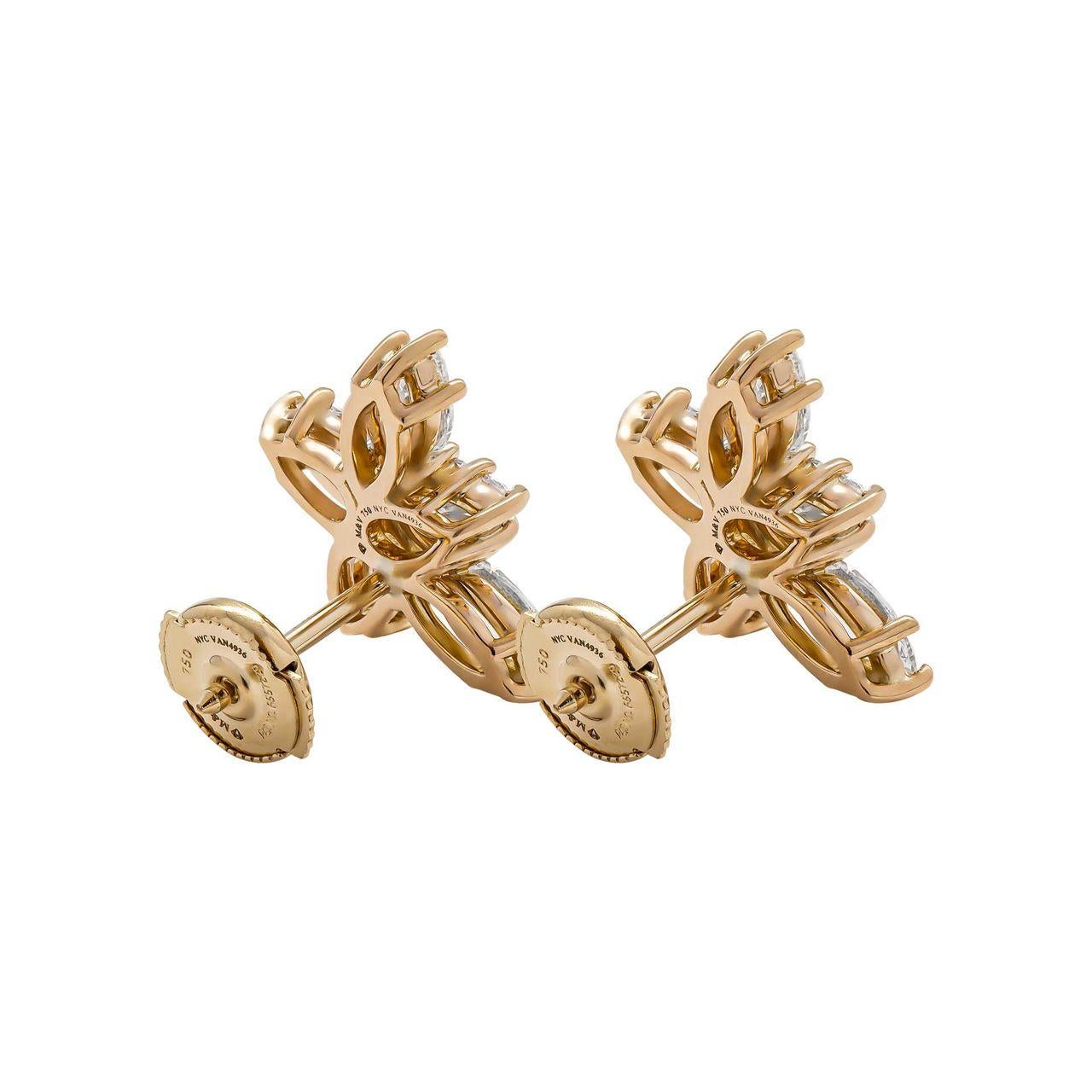 Diamond Cluster Earrings in 18K Yellow Gold 
Beautiful and timeless piece - combining 2 fancy shapes diamonds Pears and Marquise creating cluster that won`t miss a sparkle. 
Sits extremely nicely on the ear. 
Totaling 6 pear-shaped (2.14ct) and 4
