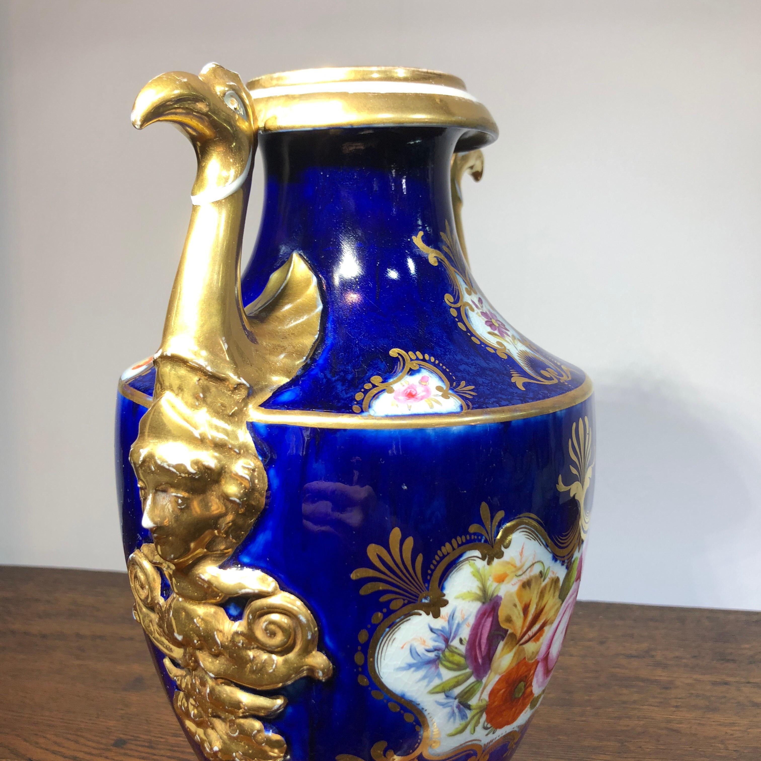 English Large Coalport Vase, Birds Head Handles, Flowers and Scale Blue, circa 1805 For Sale