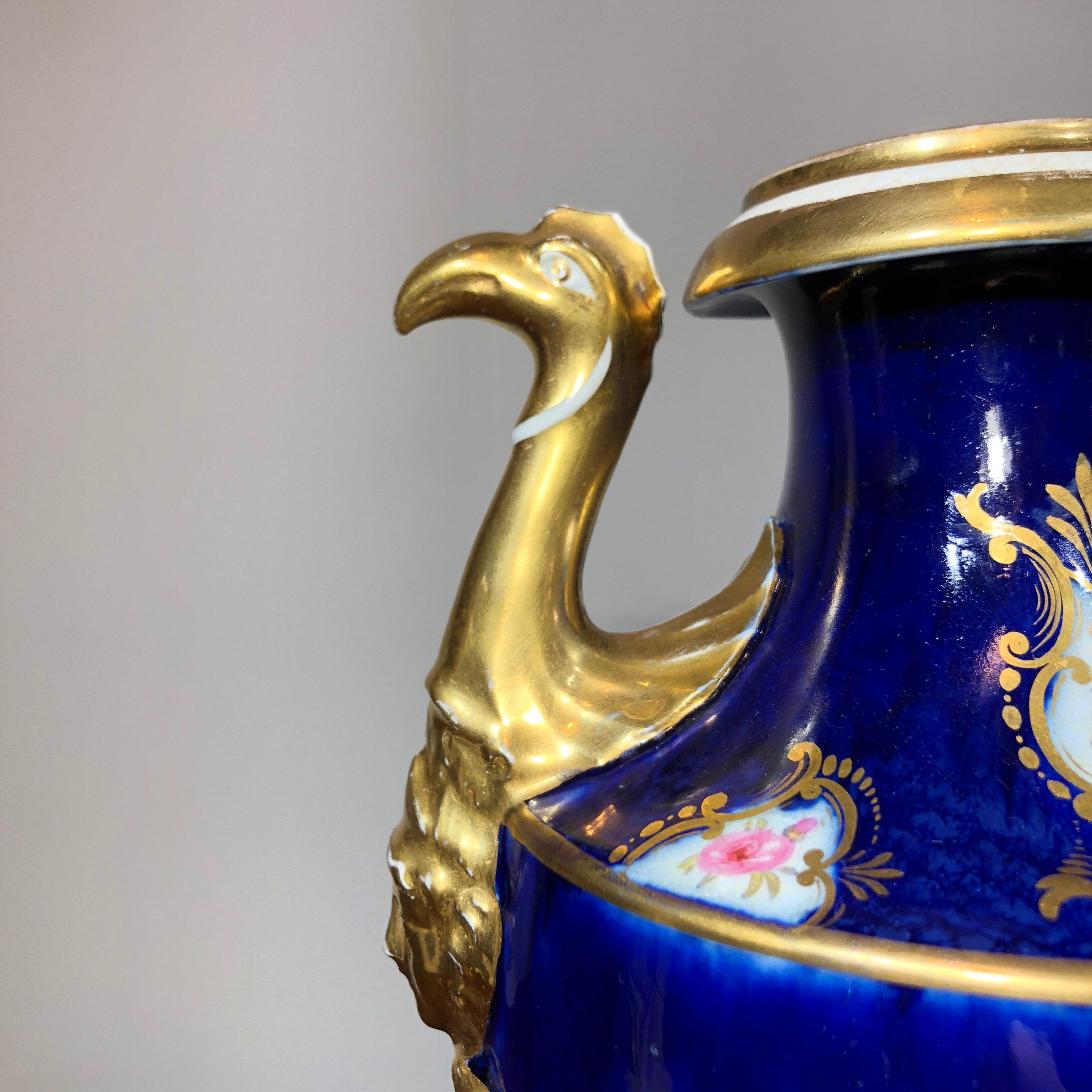 Early 19th Century Large Coalport Vase, Birds Head Handles, Flowers and Scale Blue, circa 1805 For Sale