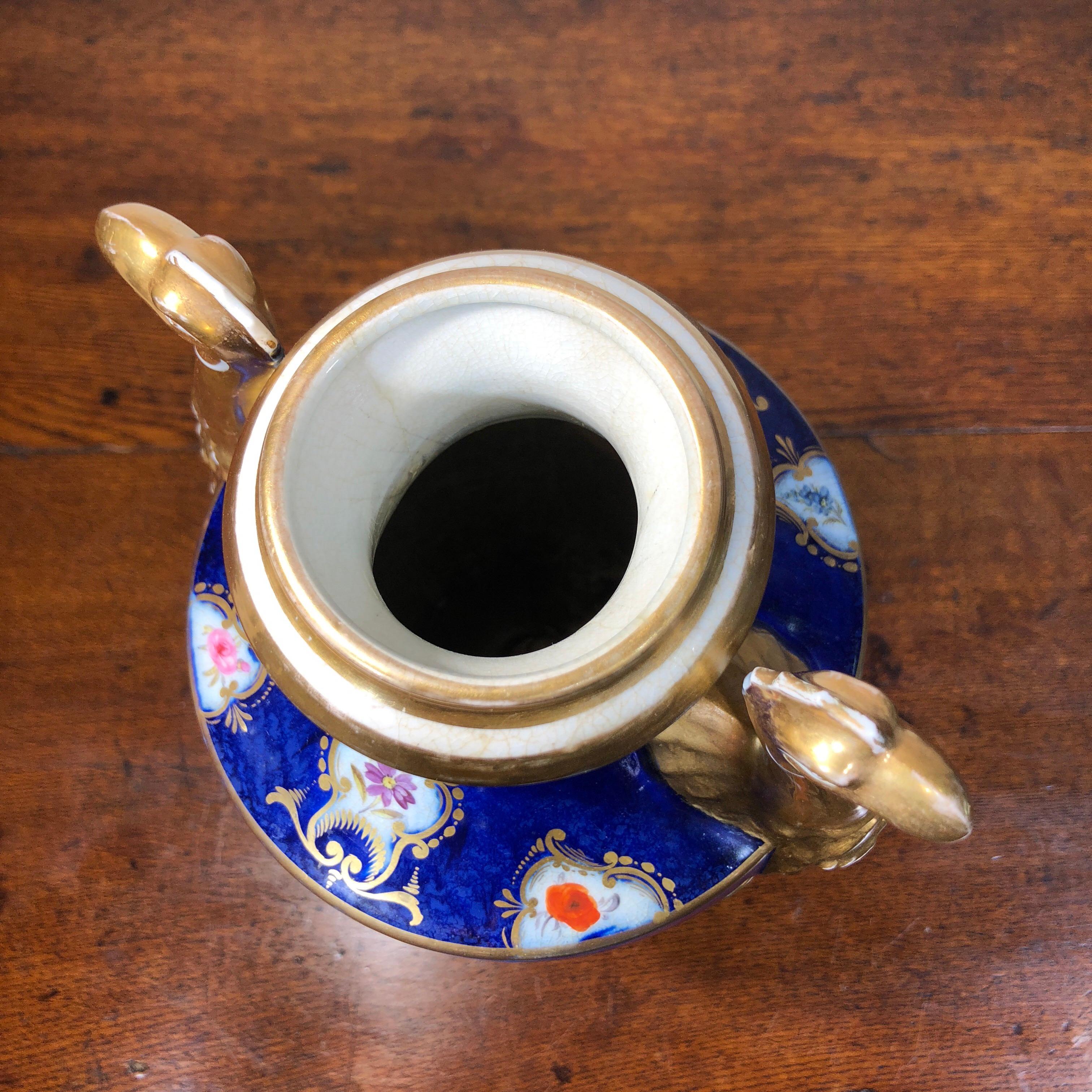 Large Coalport Vase, Birds Head Handles, Flowers and Scale Blue, circa 1805 For Sale 1