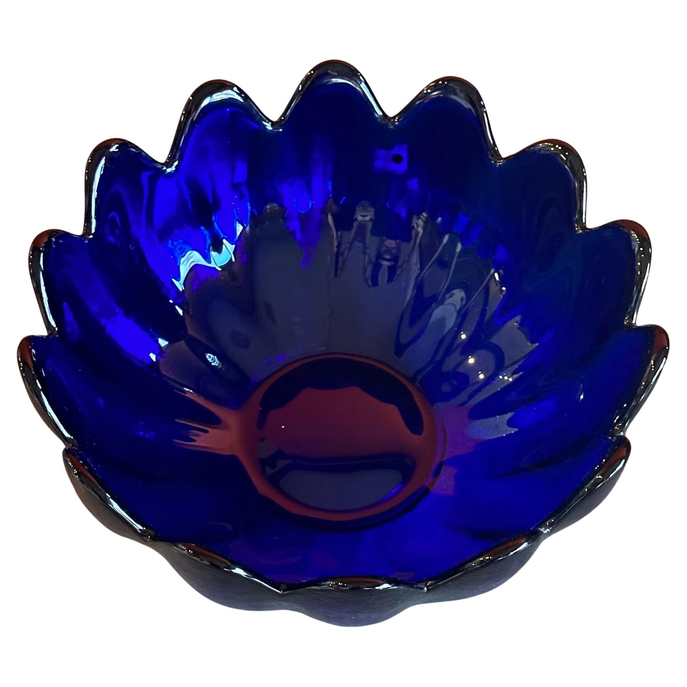 Modern Large Cobalt Blue Art Glass Scalloped Petal Bowl by Blenko Glass 