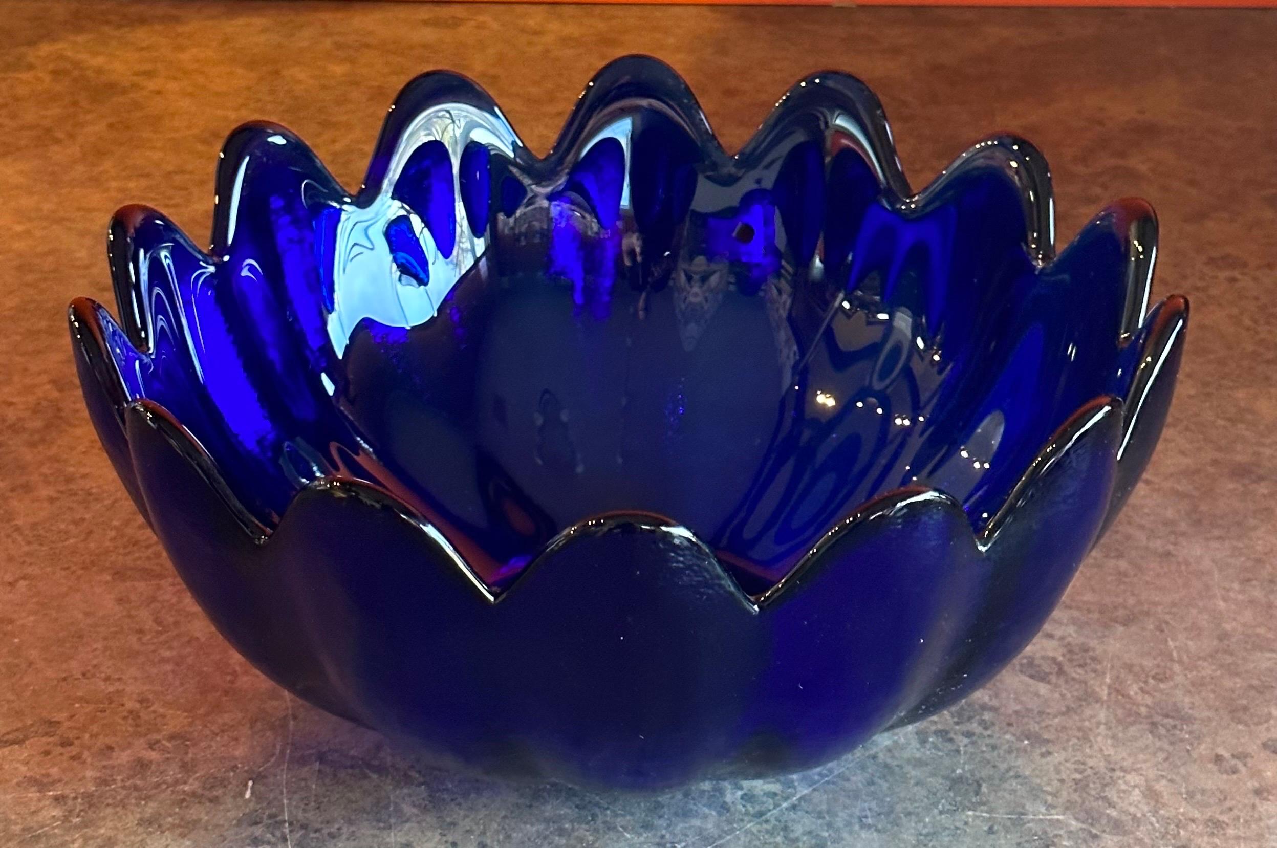 American Large Cobalt Blue Art Glass Scalloped Petal Bowl by Blenko Glass 
