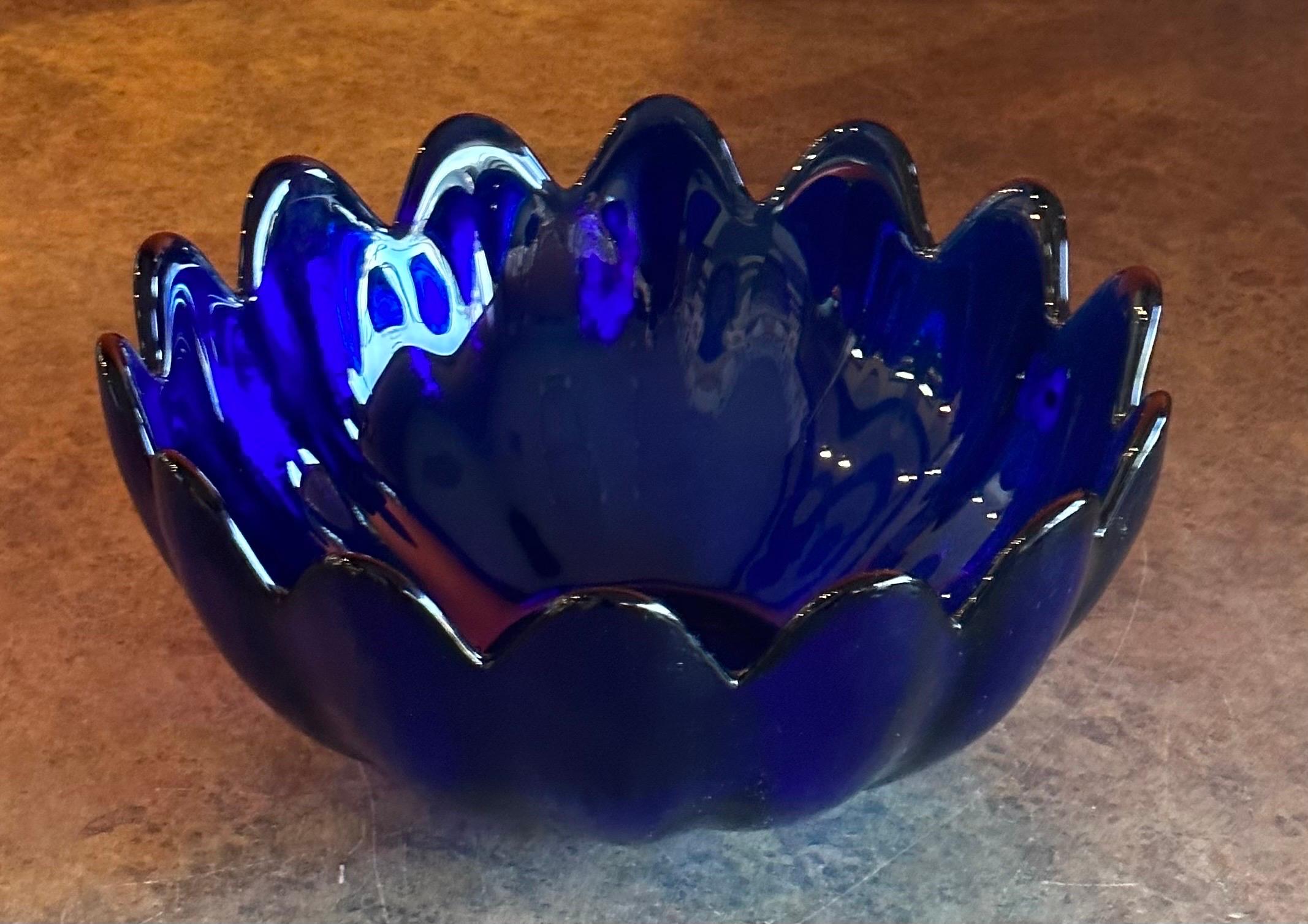 Hand-Crafted Large Cobalt Blue Art Glass Scalloped Petal Bowl by Blenko Glass 