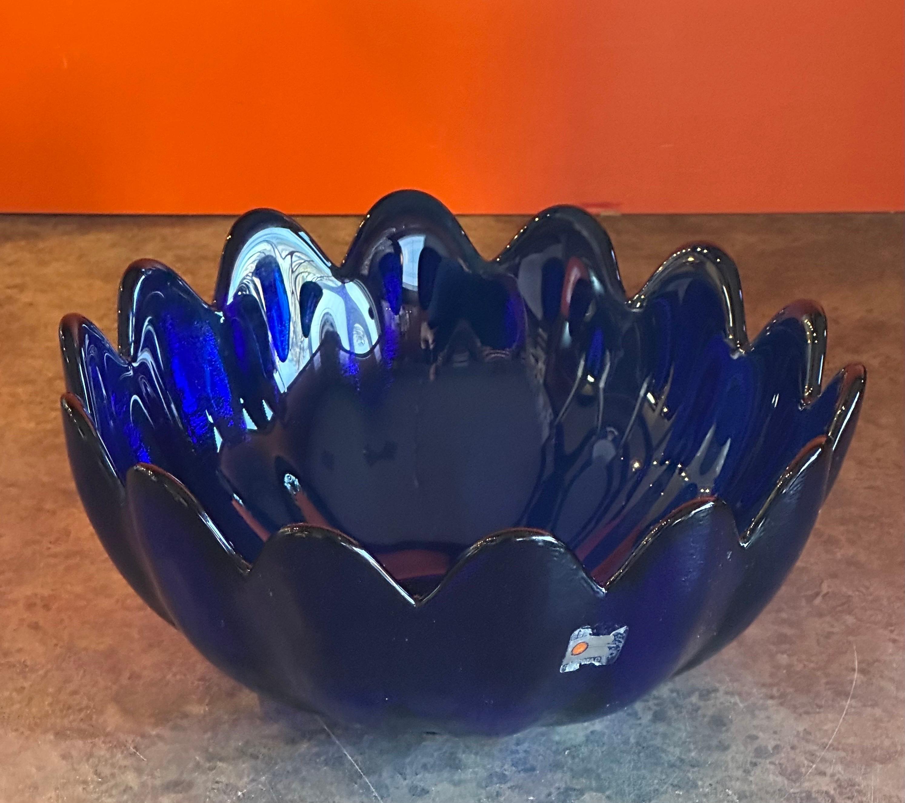 Blown Glass Large Cobalt Blue Art Glass Scalloped Petal Bowl by Blenko Glass 