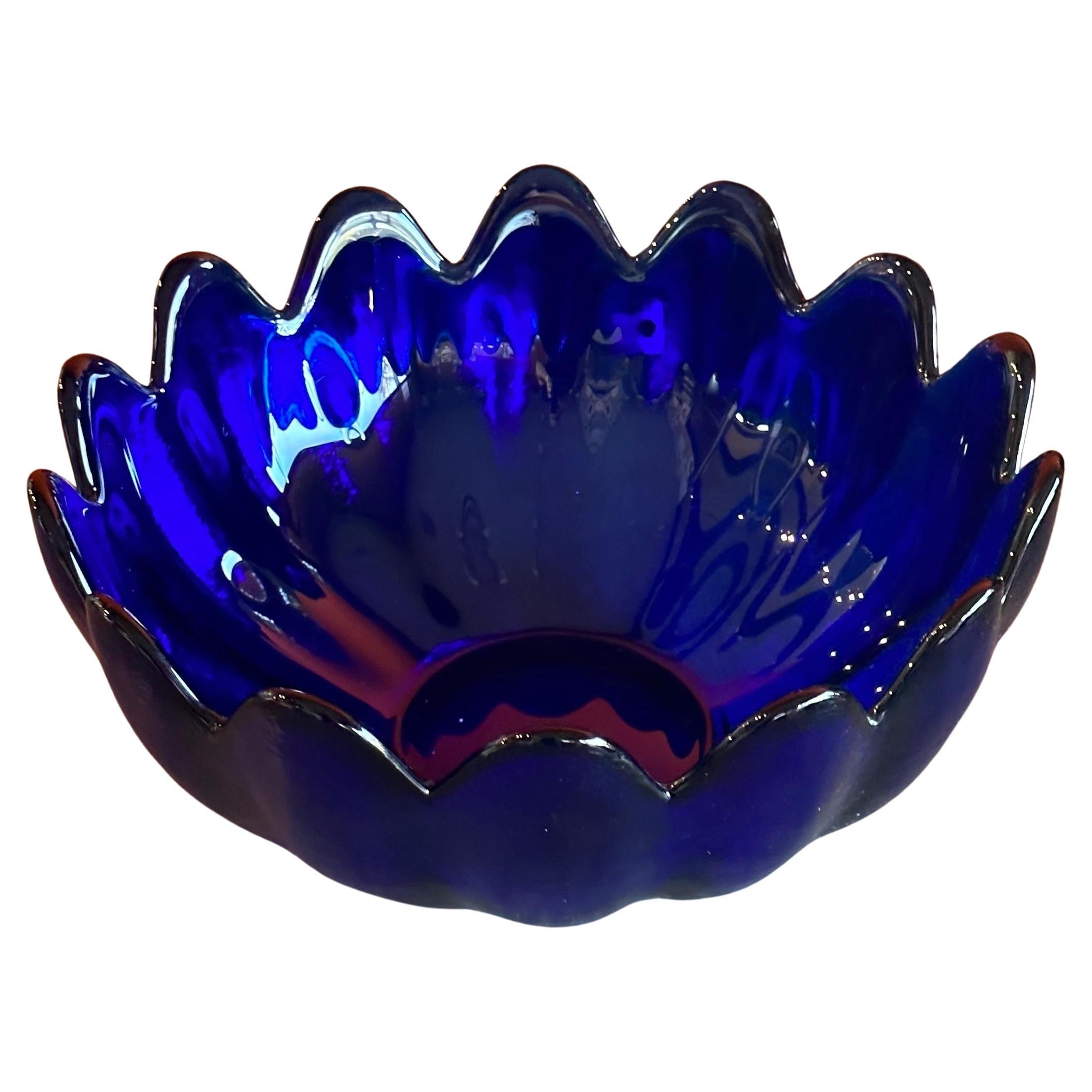 Large Cobalt Blue Art Glass Scalloped Petal Bowl by Blenko Glass  1
