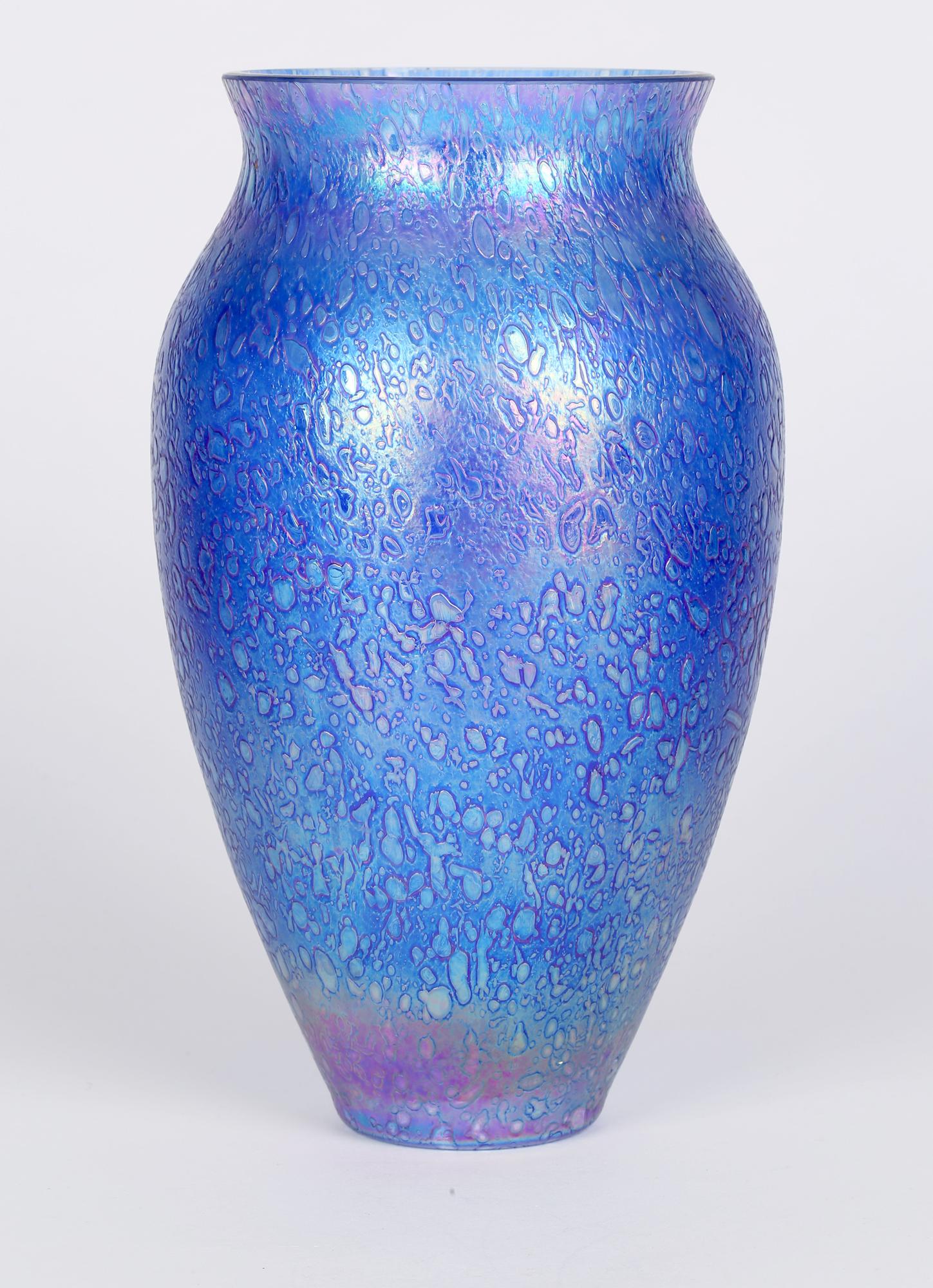 Large Cobalt Blue Blown Textured Iridescent Art Glass Vase 1