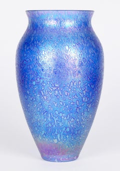Large Cobalt Blue Blown Textured Iridescent Art Glass Vase