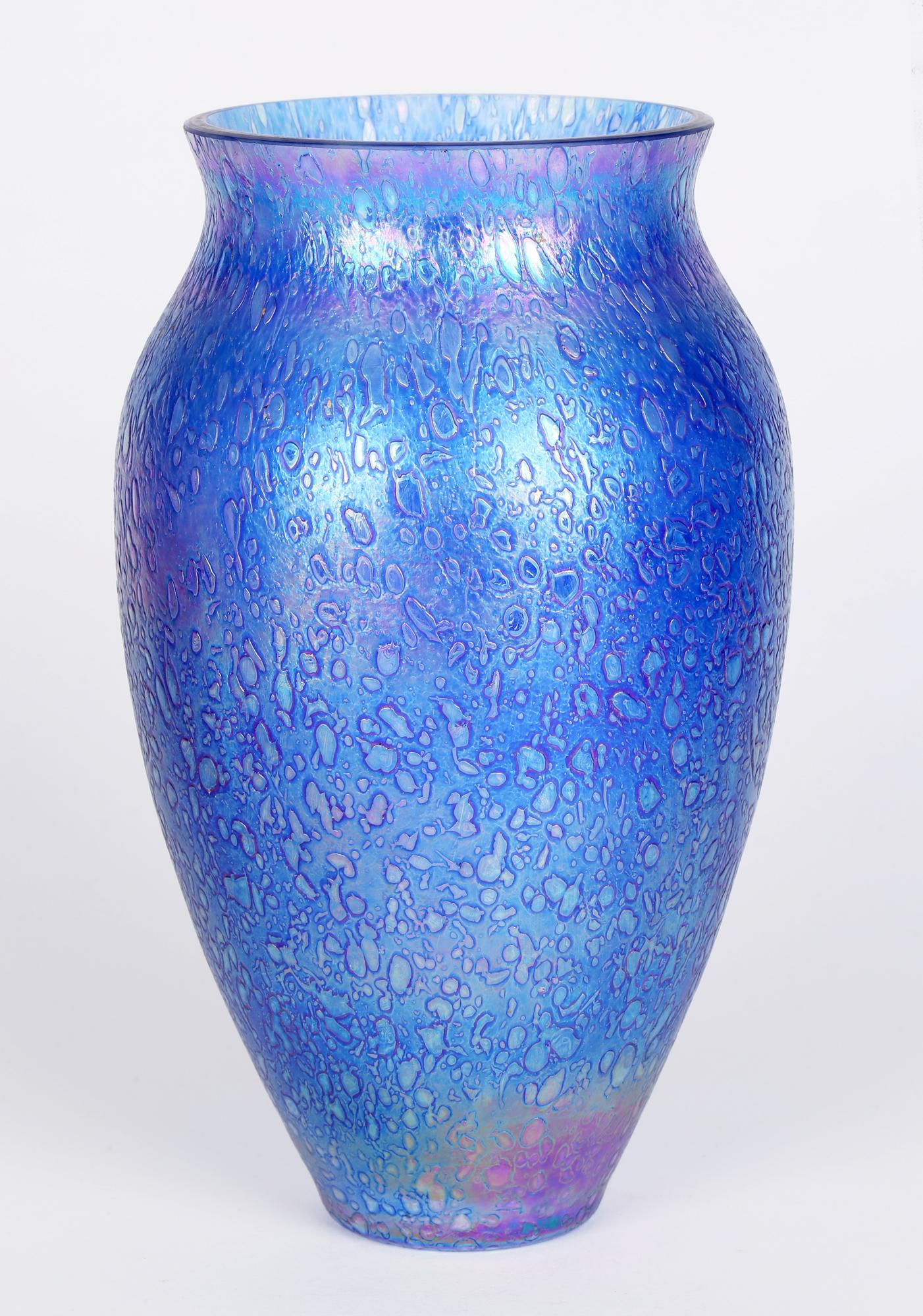 Modern Large Cobalt Blue Blown Textured Iridescent Art Glass Vase