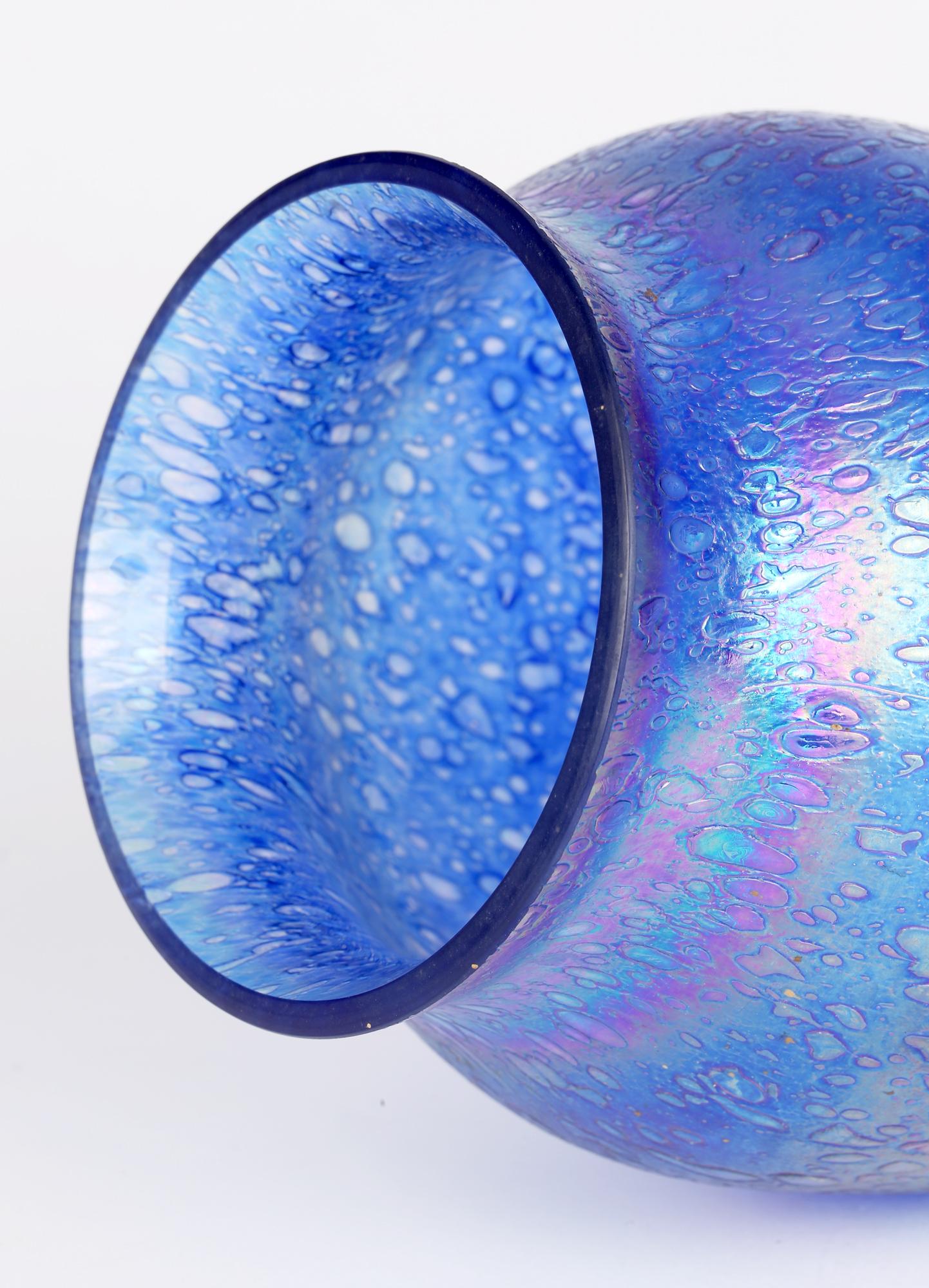 Hand-Crafted Large Cobalt Blue Blown Textured Iridescent Art Glass Vase
