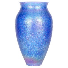 Large Cobalt Blue Blown Textured Iridescent Art Glass Vase