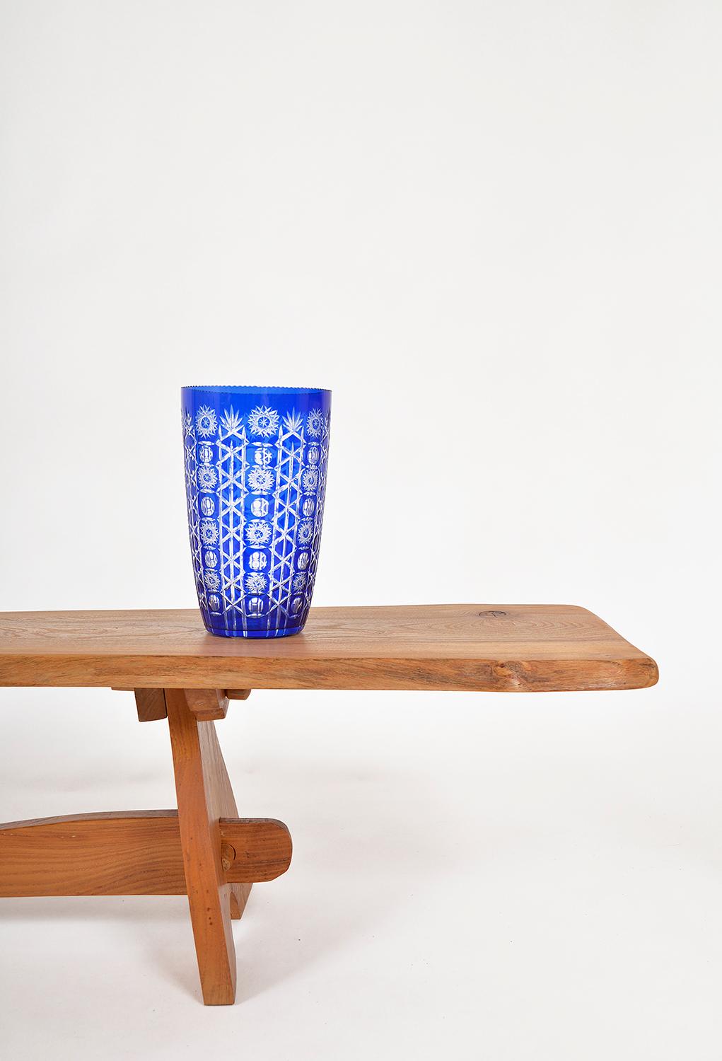 Large Cobalt Blue Cut Glass Crystal Czechoslovakian Bohemian Vase  3