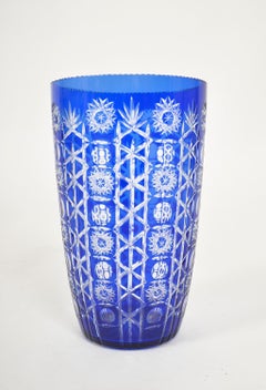 Large Cobalt Blue Cut Glass Crystal Czechoslovakian Bohemian Vase