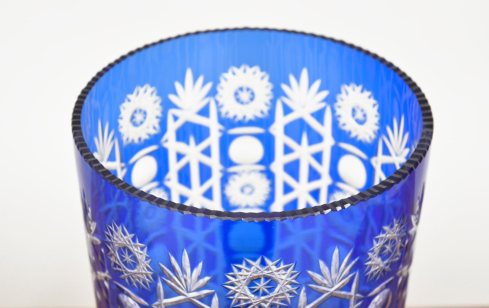 Hand-Crafted Large Cobalt Blue Cut Glass Crystal Czechoslovakian Bohemian Vase 