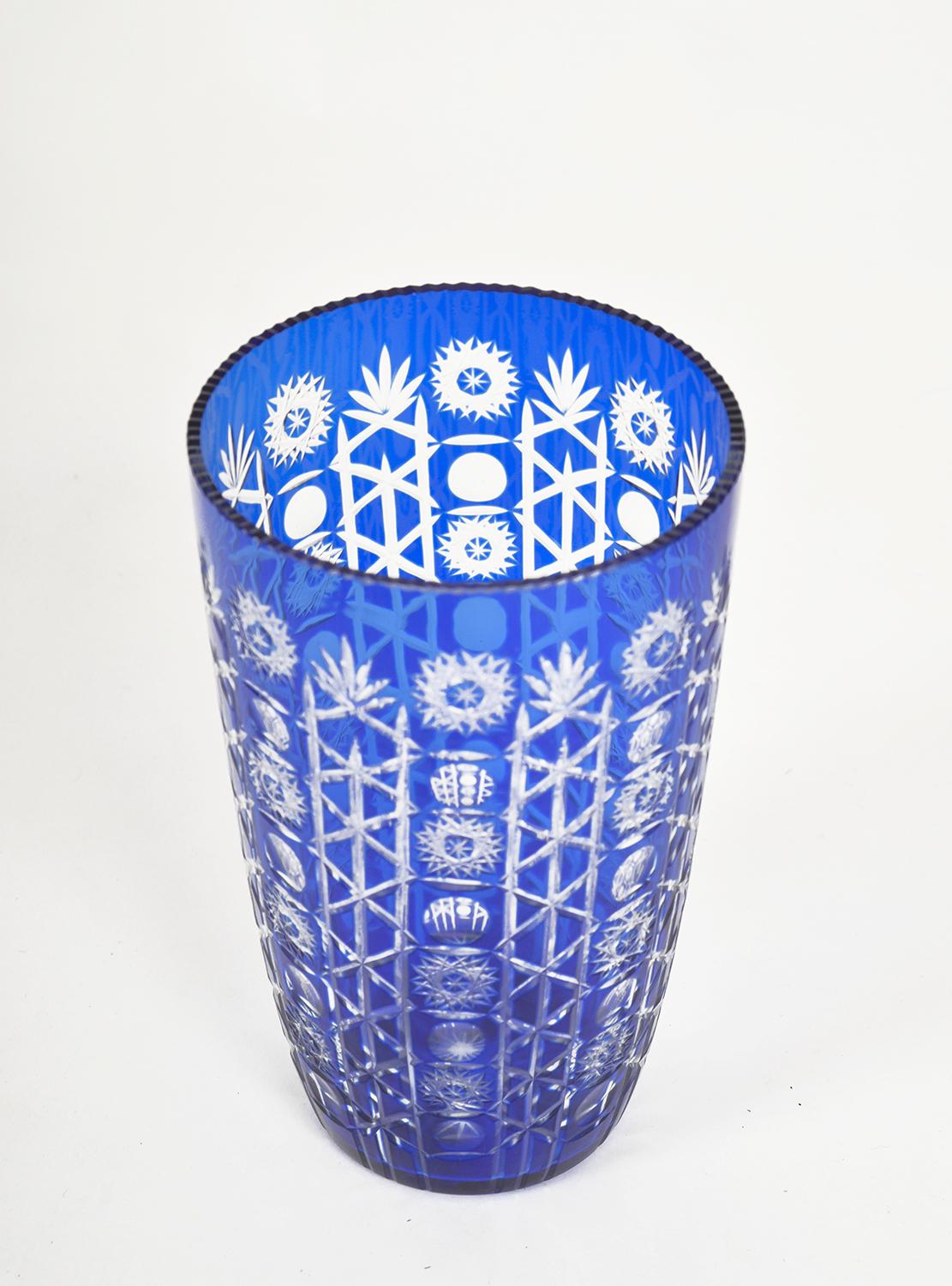 Large Cobalt Blue Cut Glass Crystal Czechoslovakian Bohemian Vase  In Excellent Condition In Sherborne, Dorset