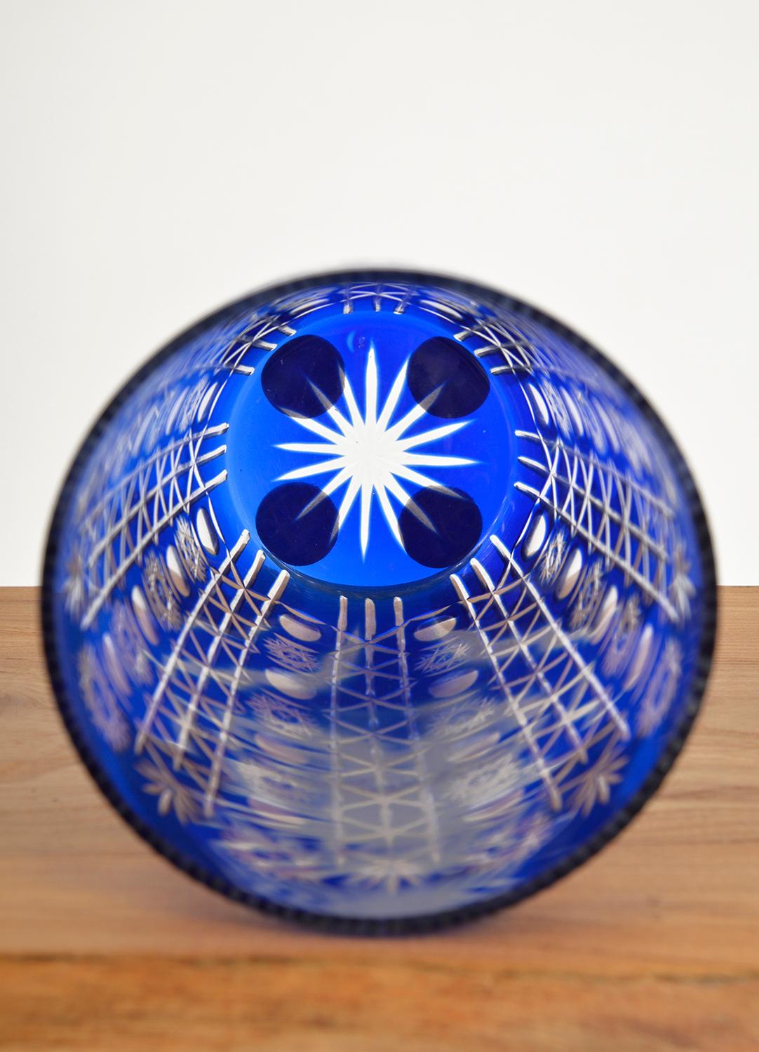 Large Cobalt Blue Cut Glass Crystal Czechoslovakian Bohemian Vase  1