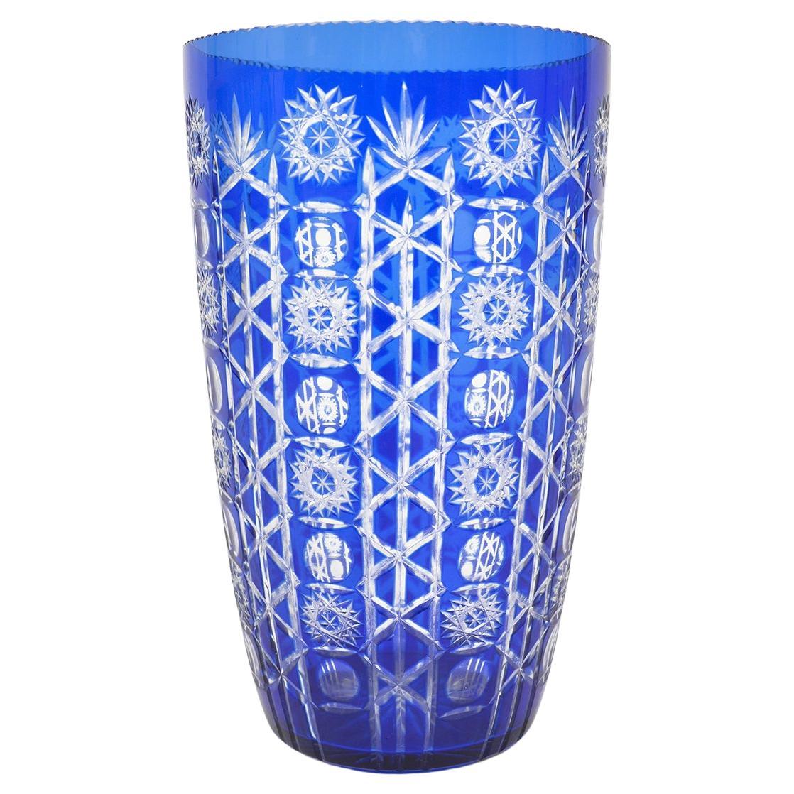 Large Cobalt Blue Cut Glass Crystal Czechoslovakian Bohemian Vase 