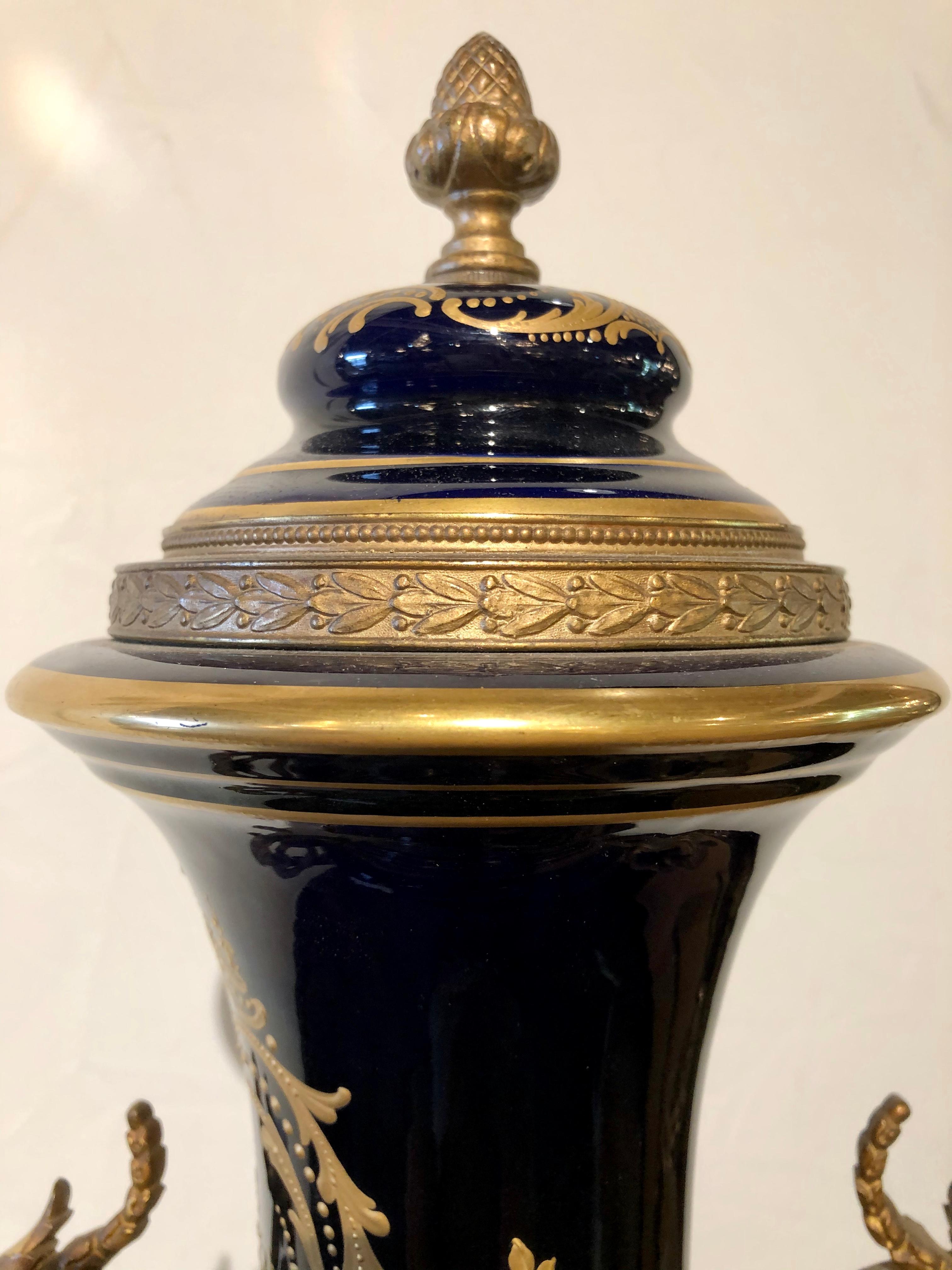 Large Cobalt Blue Pictorial Sevres Vase with Lid 3