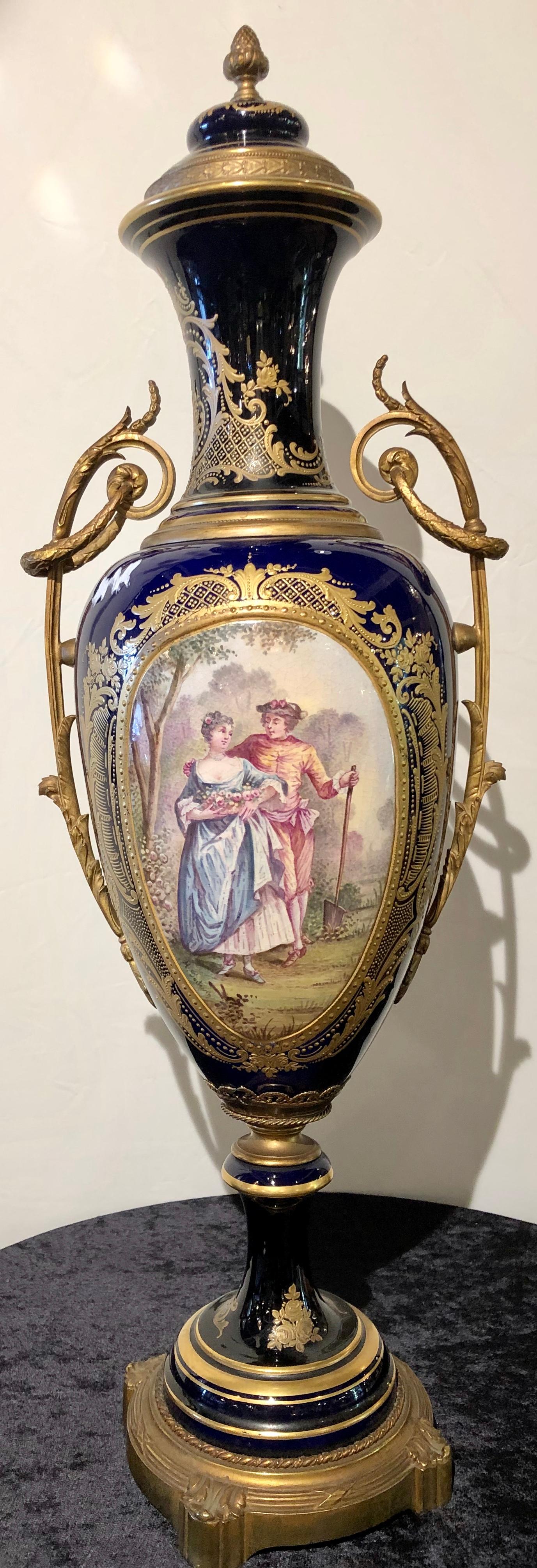 Belle Époque Large Cobalt Blue Pictorial Sevres Vase with Lid