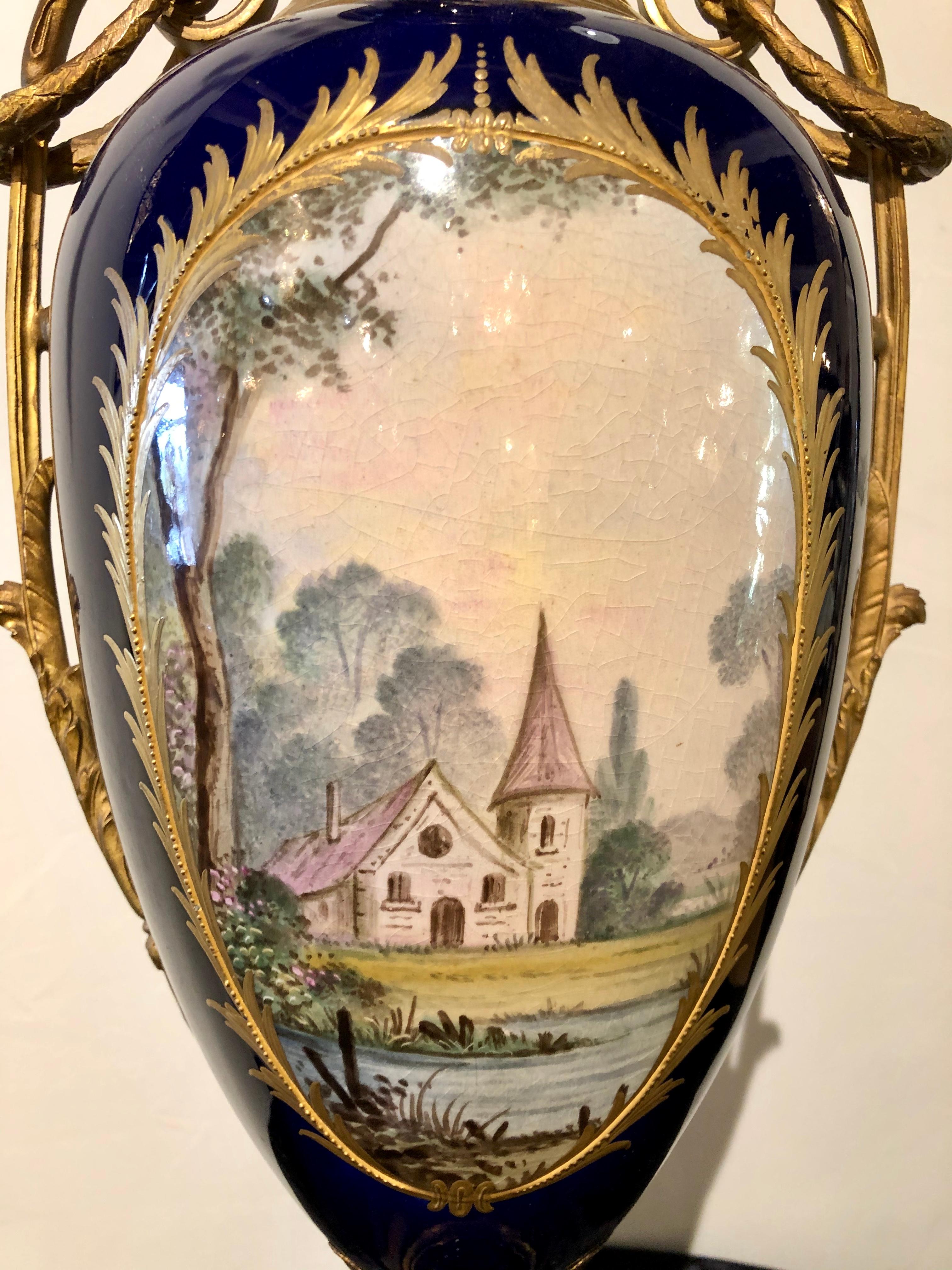 French Large Cobalt Blue Pictorial Sevres Vase with Lid