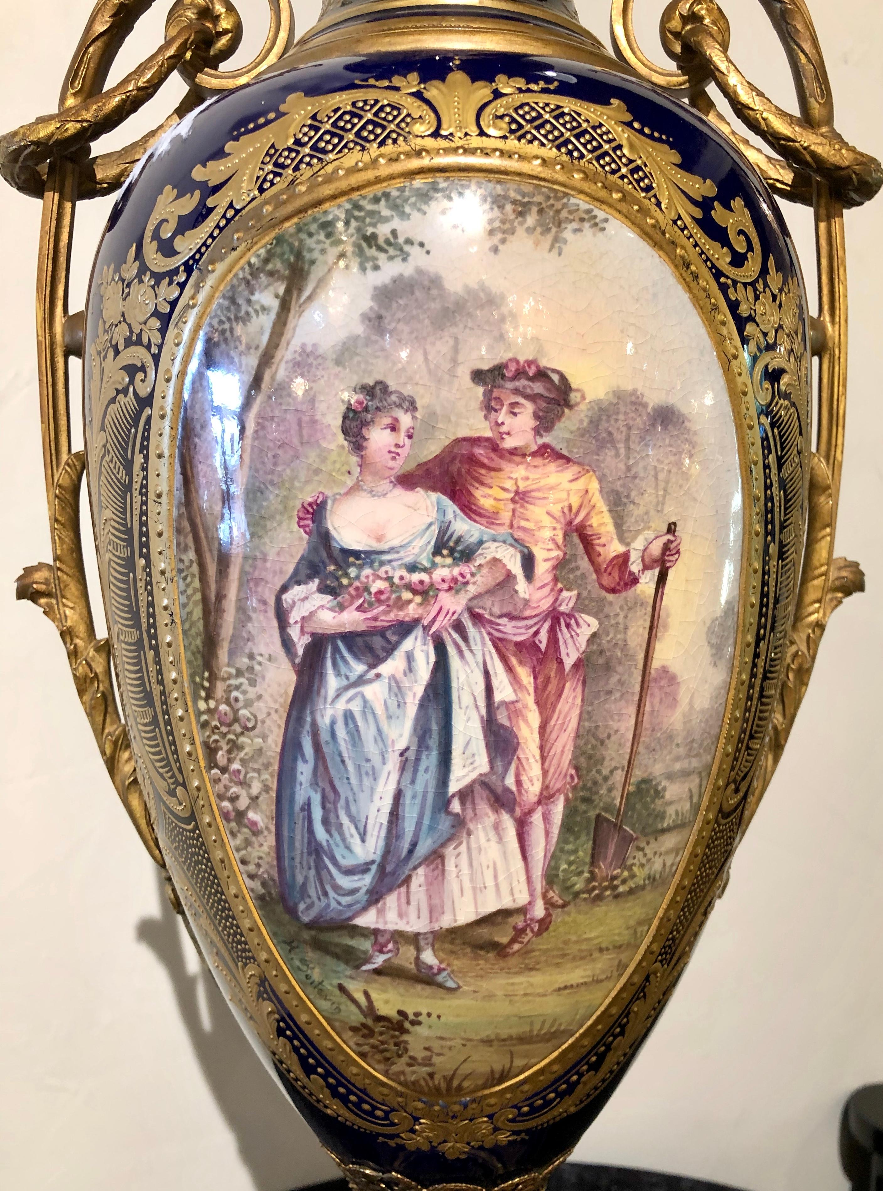 Large Cobalt Blue Pictorial Sevres Vase with Lid In Good Condition In Manhasset, NY