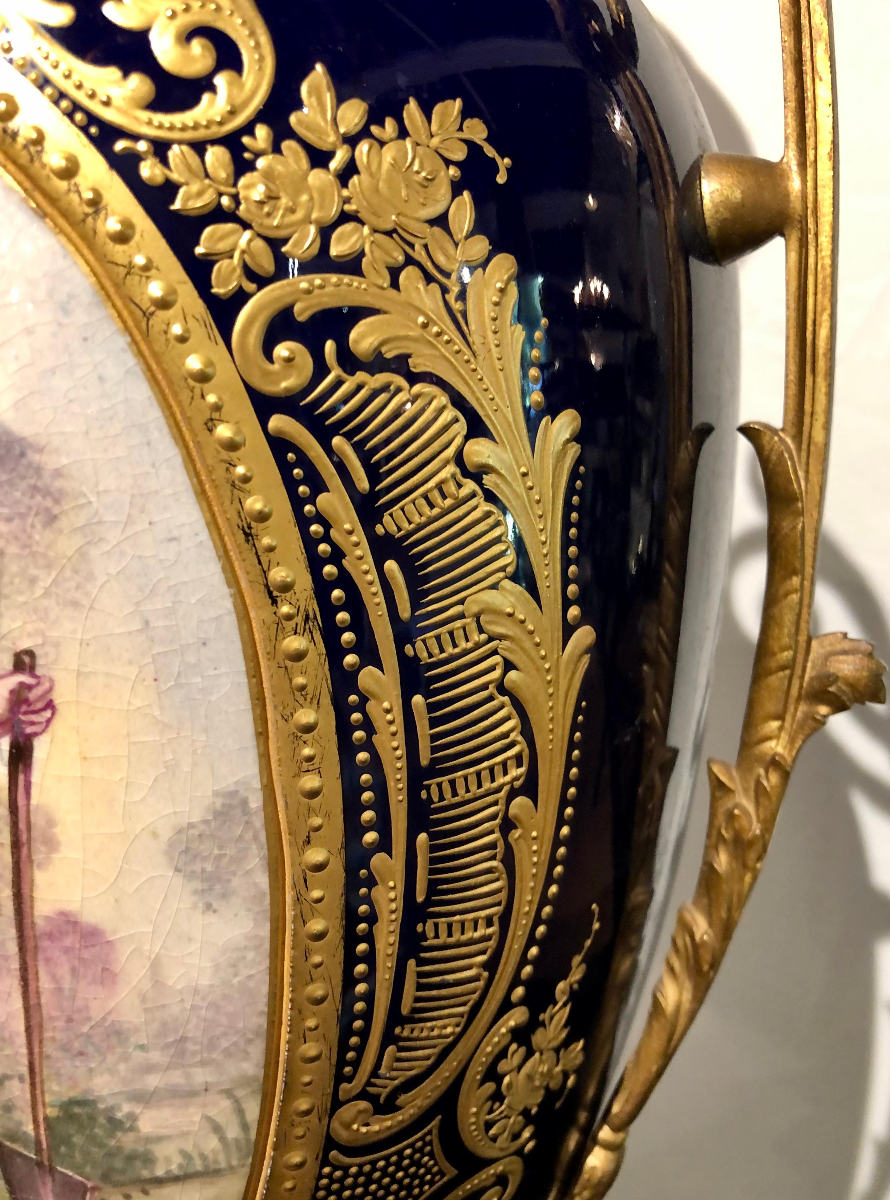 20th Century Large Cobalt Blue Pictorial Sevres Vase with Lid