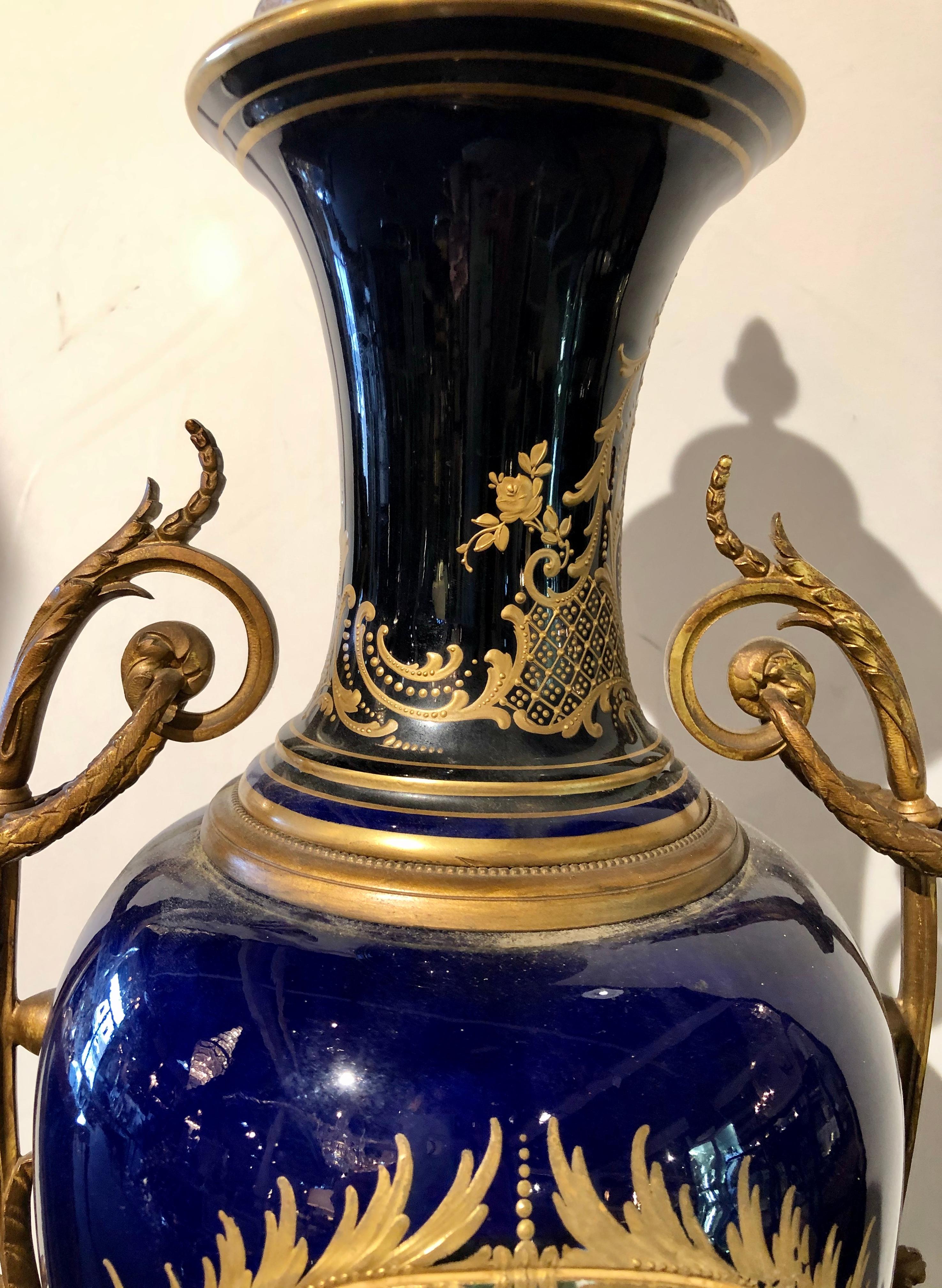Porcelain Large Cobalt Blue Pictorial Sevres Vase with Lid