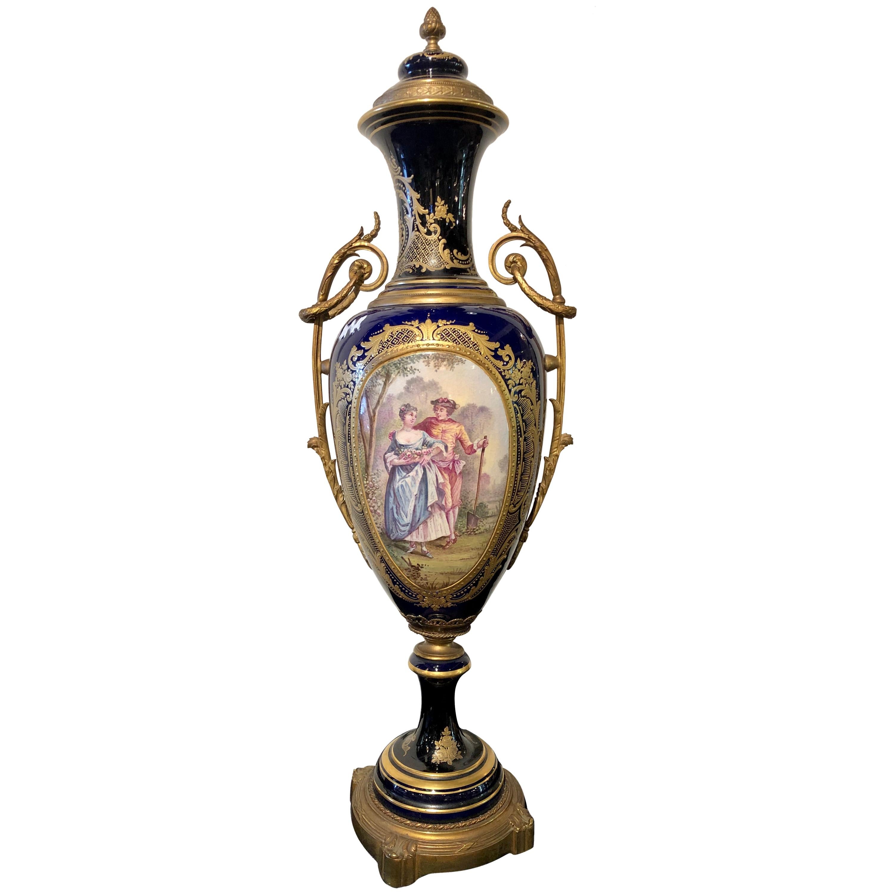 Large Cobalt Blue Pictorial Sevres Vase with Lid