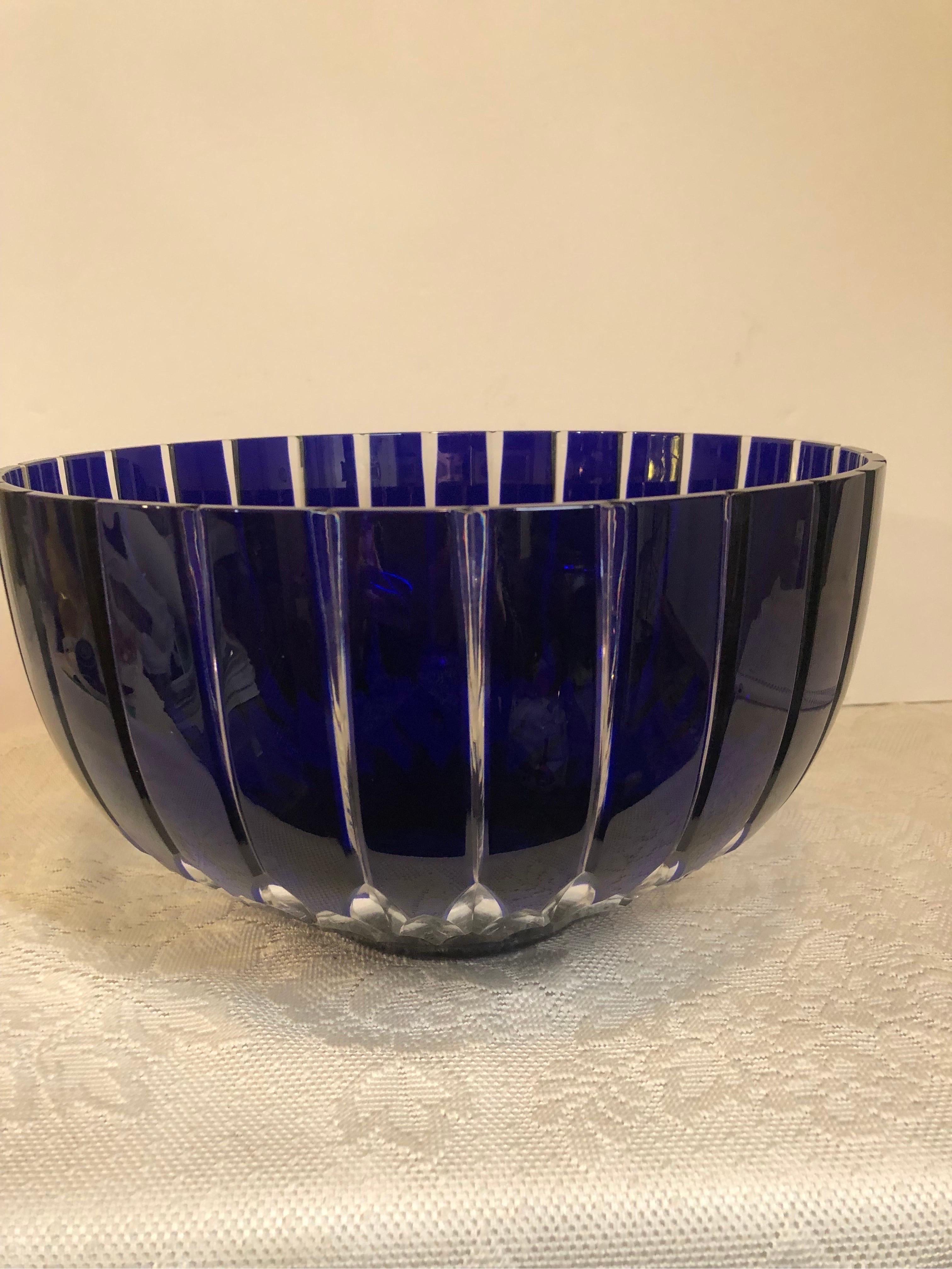 Large Cobalt Bohemian Czechoslovakian Cut Crystal Punch Bowl or Centerpiece Bowl For Sale 3