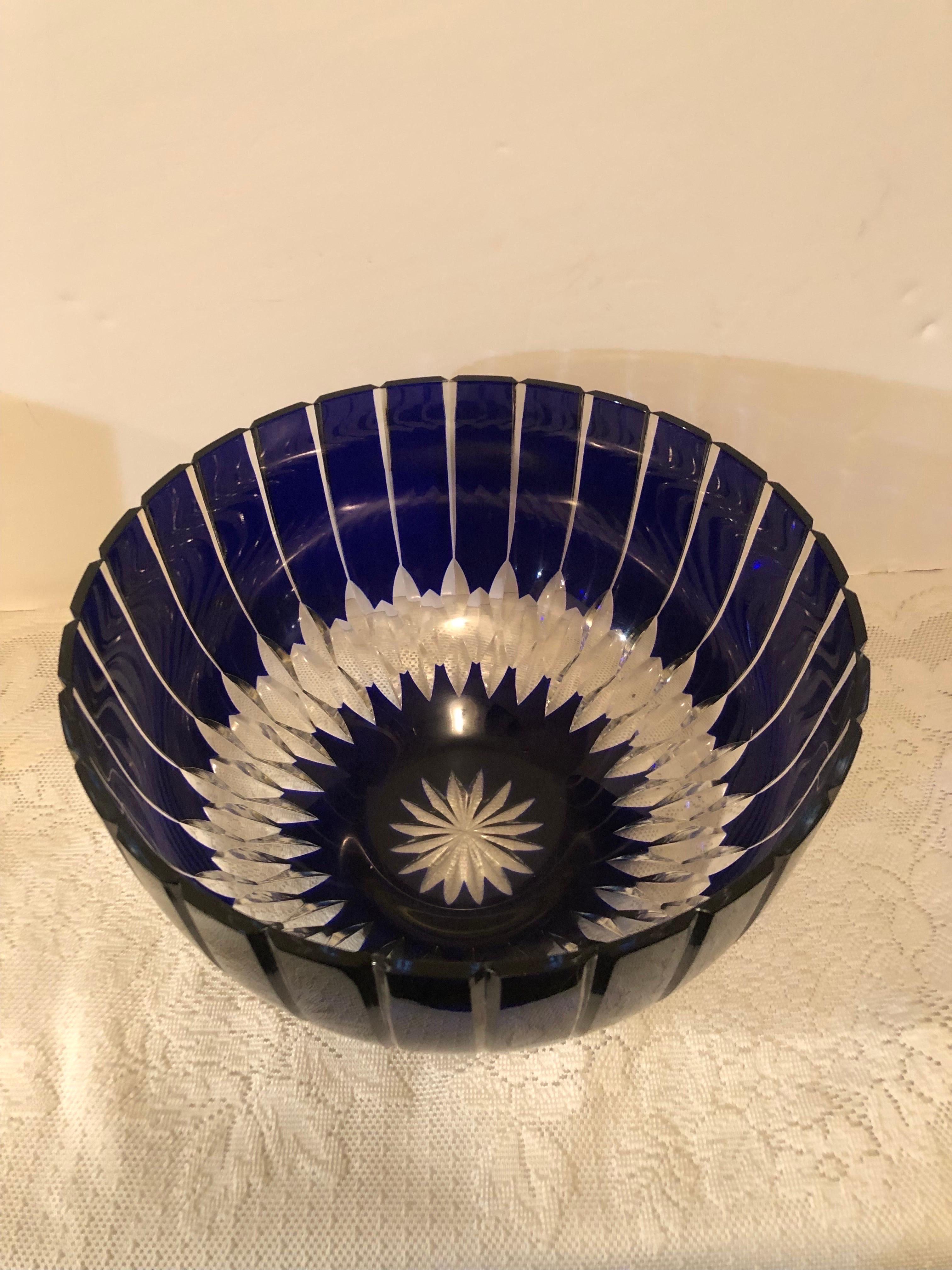 Art Deco Large Cobalt Bohemian Czechoslovakian Cut Crystal Punch Bowl or Centerpiece Bowl For Sale