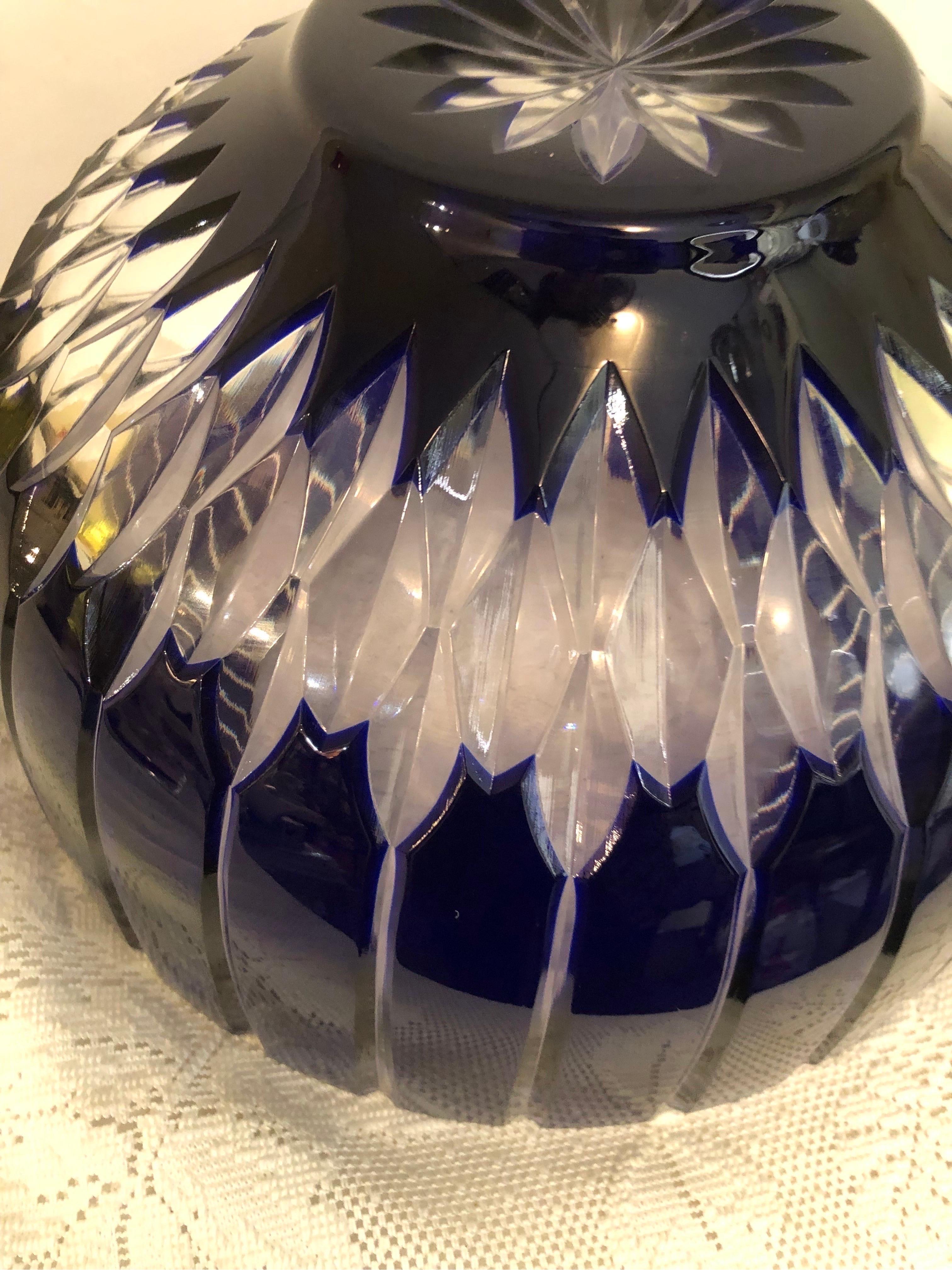 Oiled Large Cobalt Bohemian Czechoslovakian Cut Crystal Punch Bowl or Centerpiece Bowl For Sale