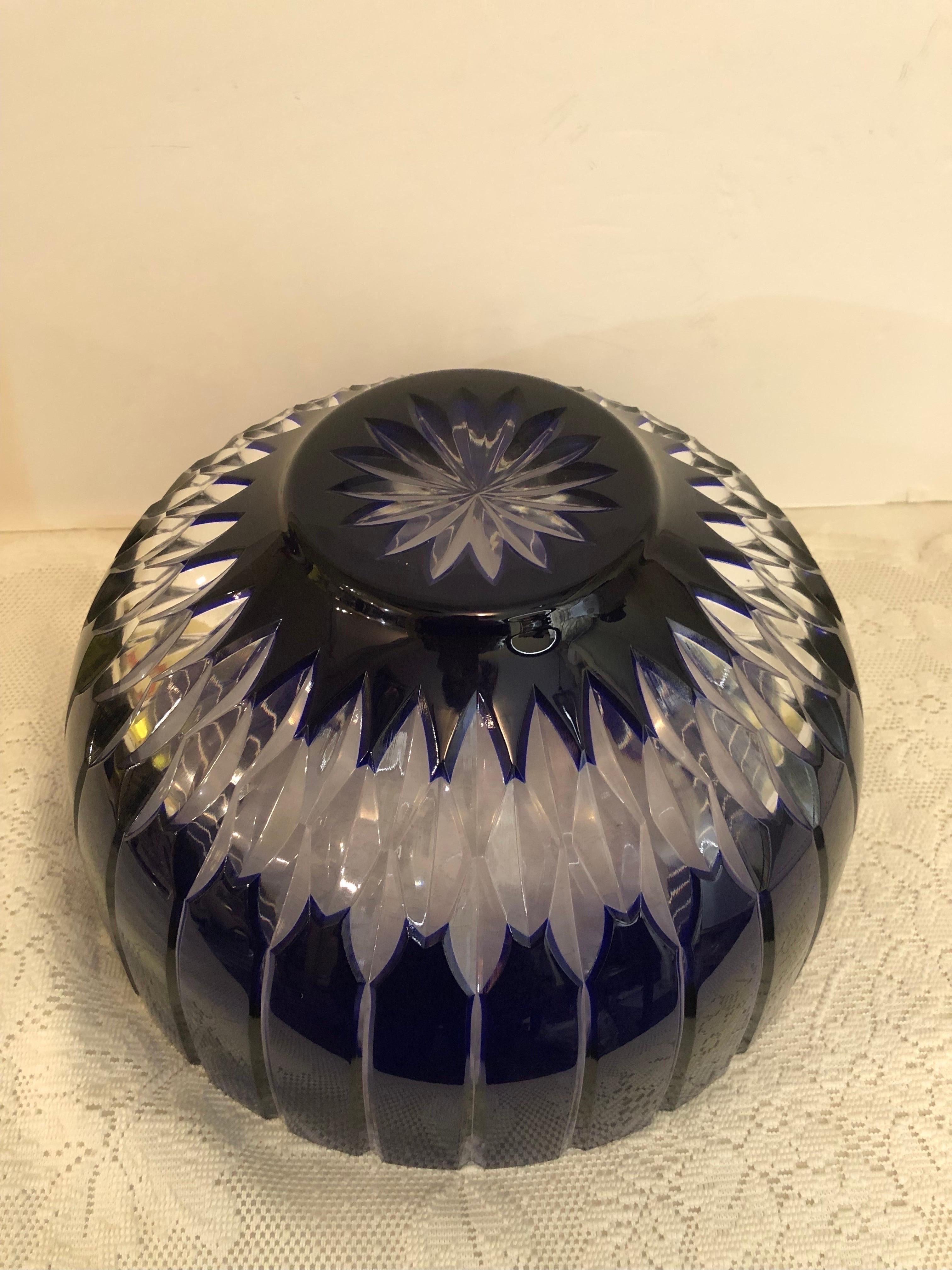 Large Cobalt Bohemian Czechoslovakian Cut Crystal Punch Bowl or Centerpiece Bowl In Good Condition For Sale In Boston, MA