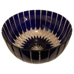 Large Cobalt Bohemian Czechoslovakian Cut Crystal Punch Bowl or Centerpiece Bowl