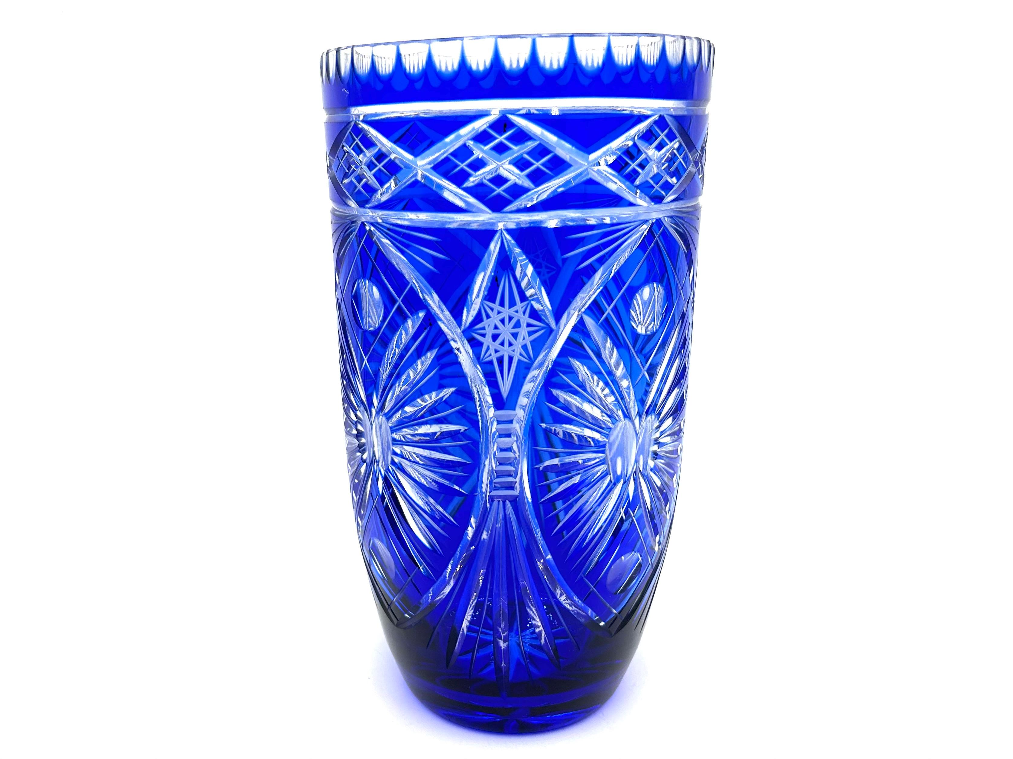 Mid-20th Century Large Cobalt Crystal Vase, Poland, 1960s For Sale