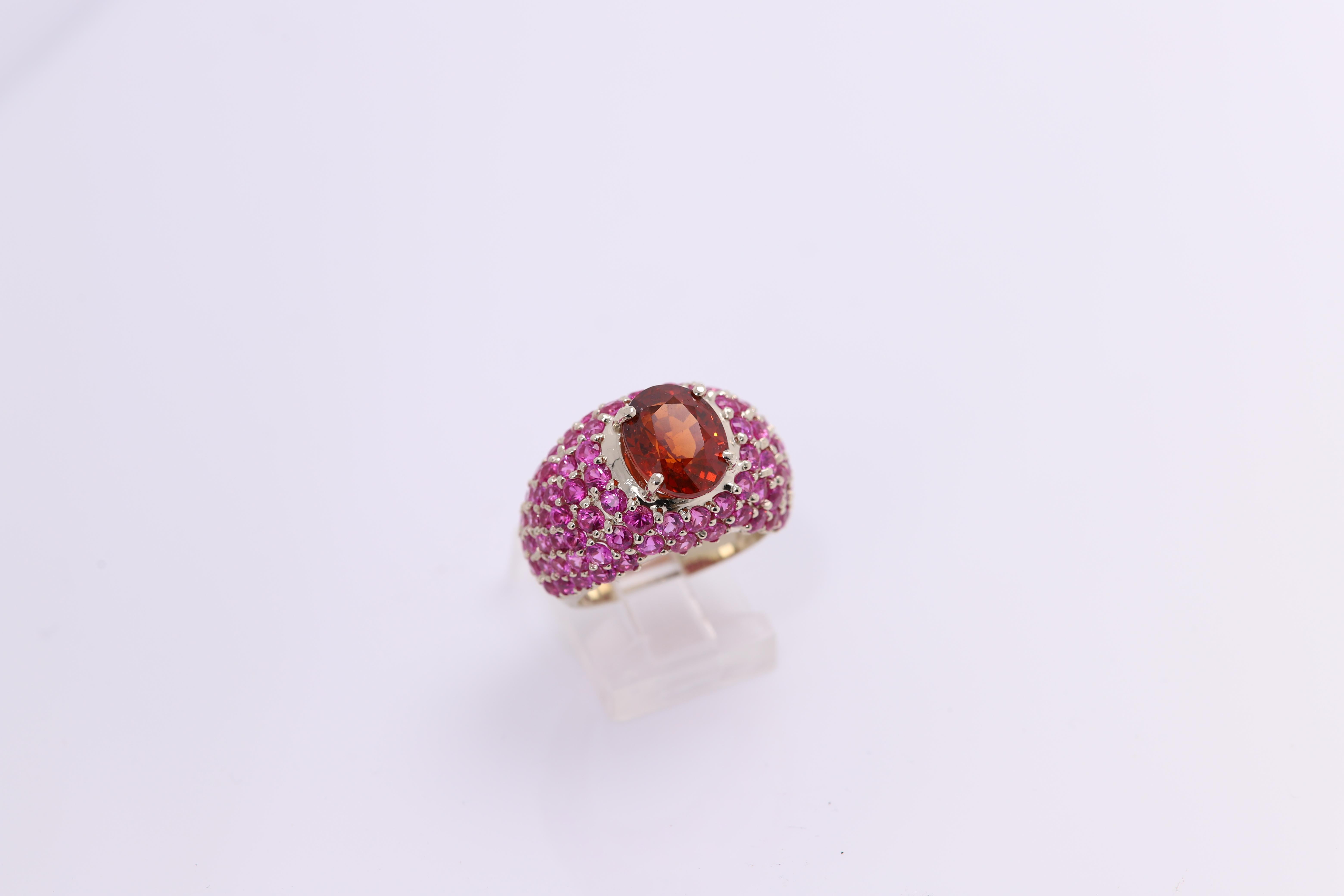 Large Cocktail Ring Pink Ruby & Spessartine-Orange Garnet 18 Karat White Gold For Sale 7