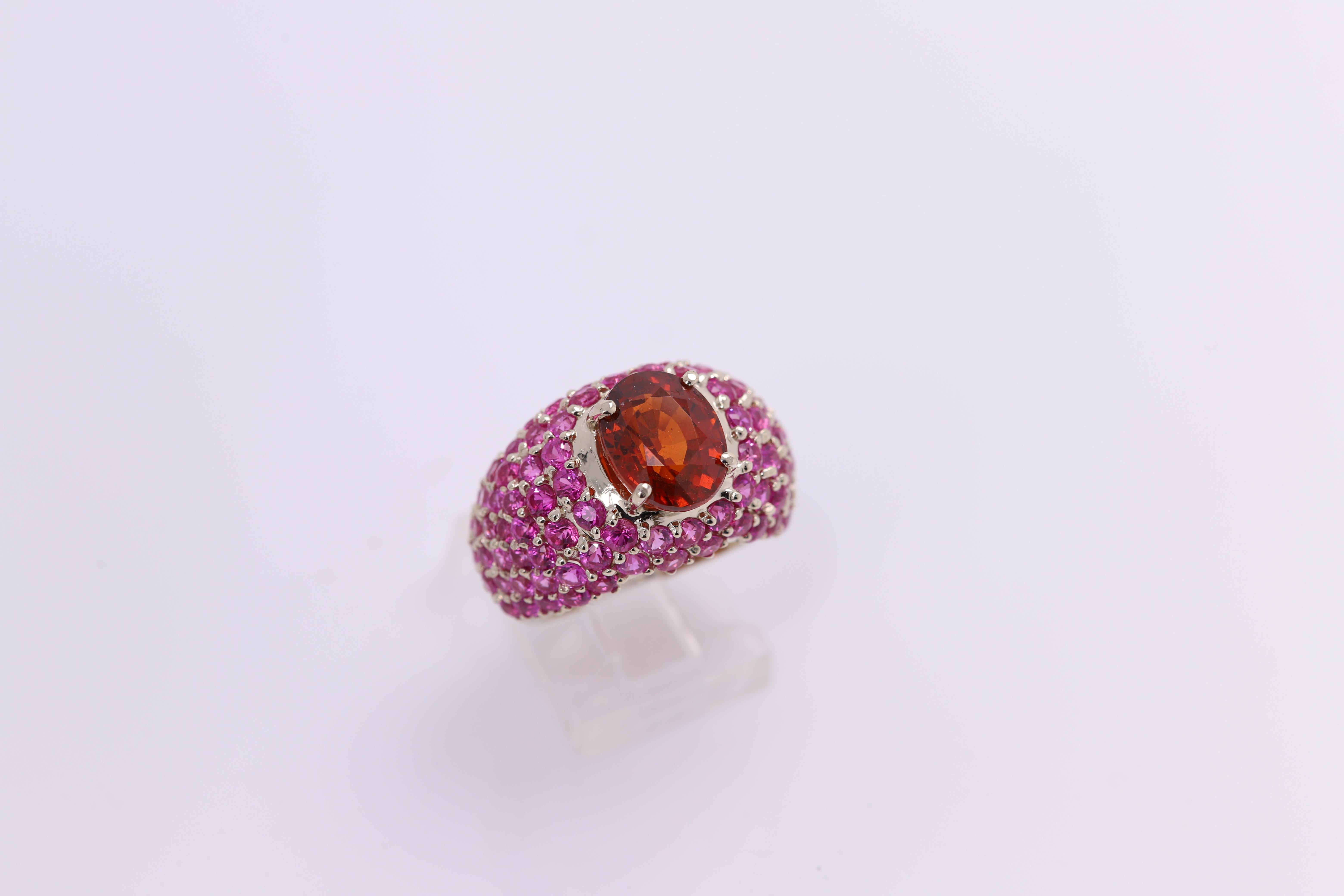 Large Cocktail Ring Pink Ruby & Spessartine-Orange Garnet 18 Karat White Gold For Sale 8