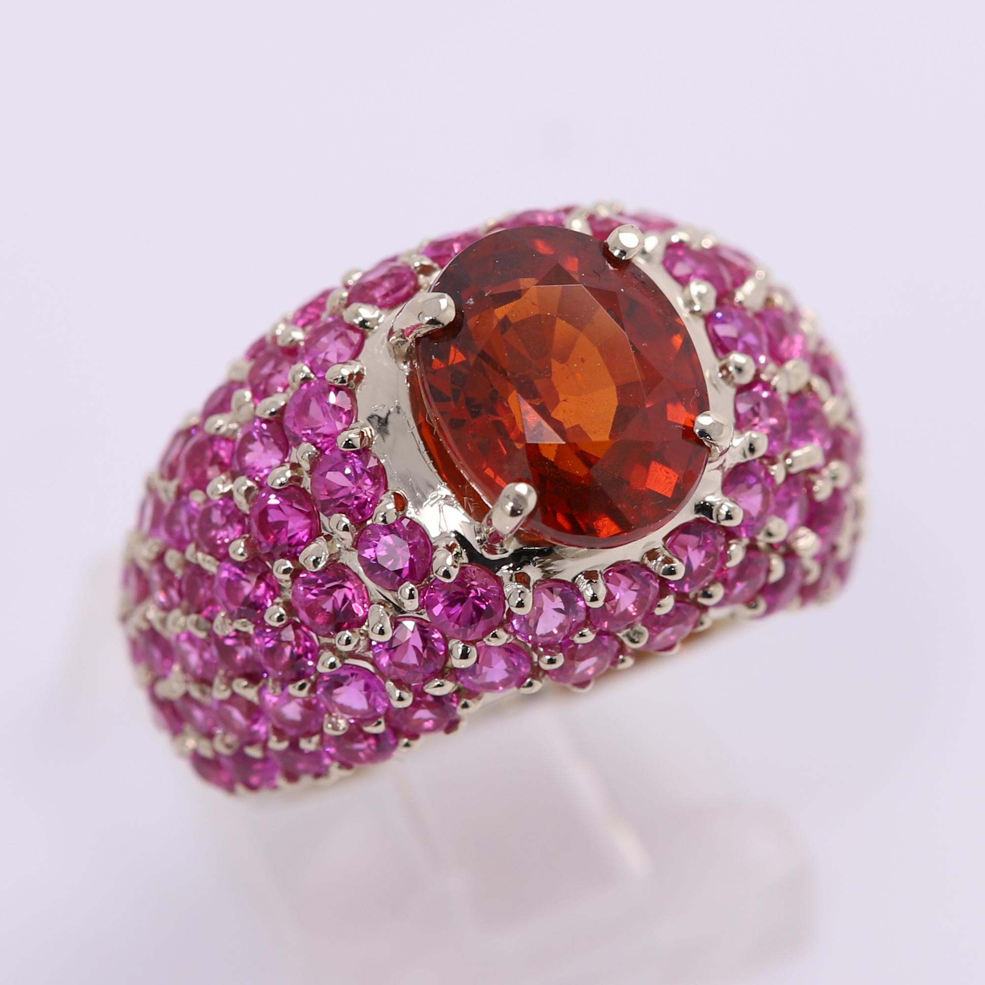 Large Cocktail Ring Pink Ruby & Spessartine-Orange Garnet 18 Karat White Gold For Sale 9