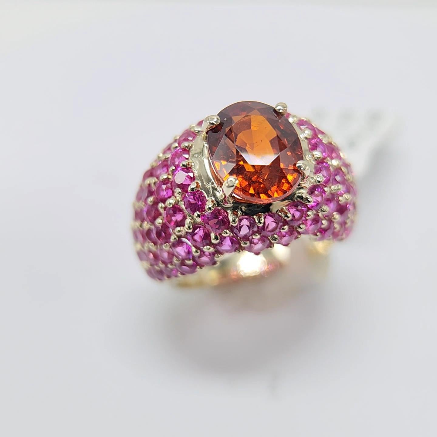 Large Cocktail Ring Pink Ruby & Spessartine-Orange Garnet 18 Karat White Gold For Sale 10