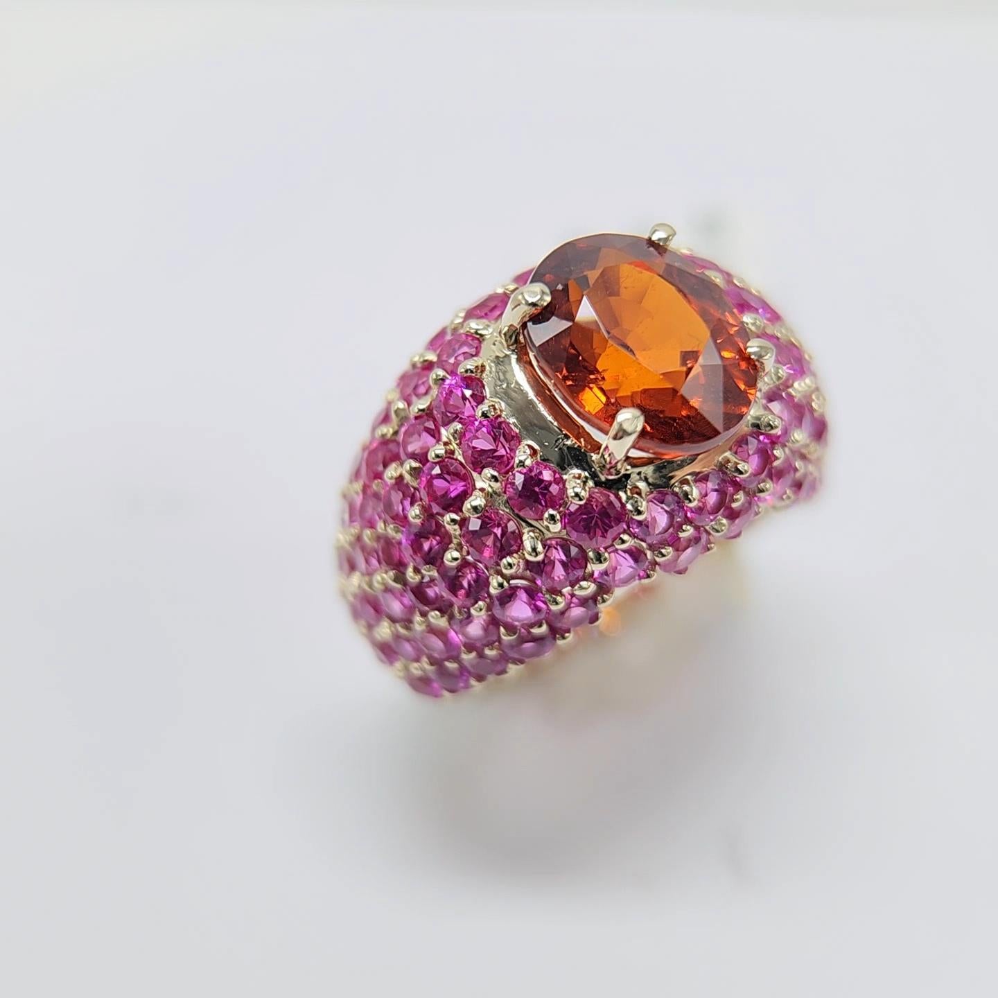 Large Cocktail Ring Pink Ruby & Spessartine-Orange Garnet 18 Karat White Gold For Sale 11
