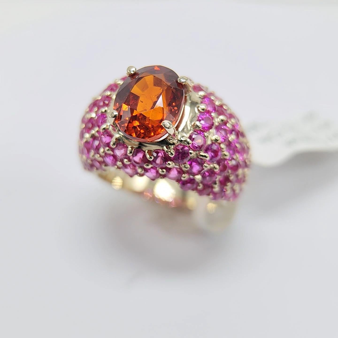 Large Cocktail Ring Pink Ruby & Spessartine-Orange Garnet 18 Karat White Gold For Sale 13
