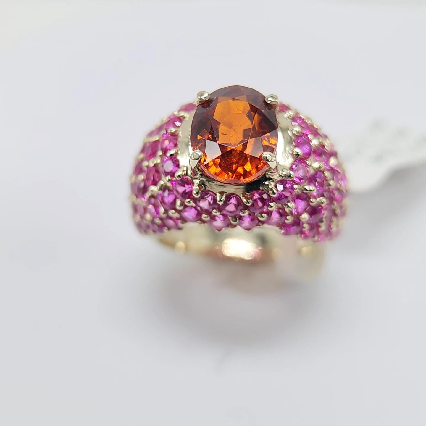 Large Cocktail Ring Pink Ruby & Spessartine-Orange Garnet 18 Karat White Gold For Sale 15