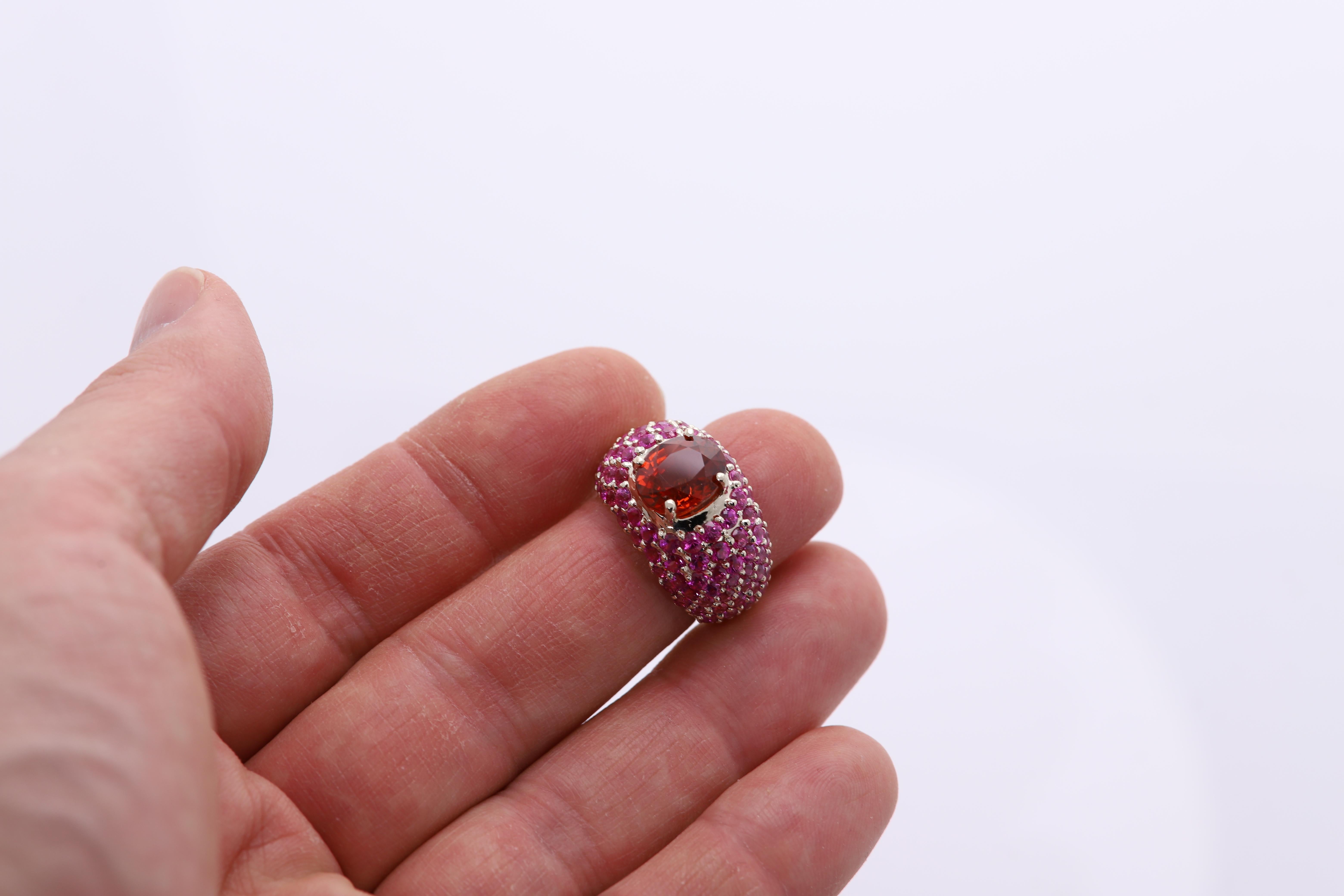 Large Cocktail Ring Pink Ruby & Spessartine-Orange Garnet 18 Karat White Gold In New Condition For Sale In Brooklyn, NY