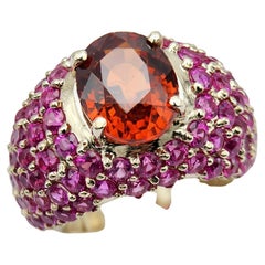 Large Cocktail Ring Pink Ruby & Spessartine-Orange Garnet 18 Karat White Gold